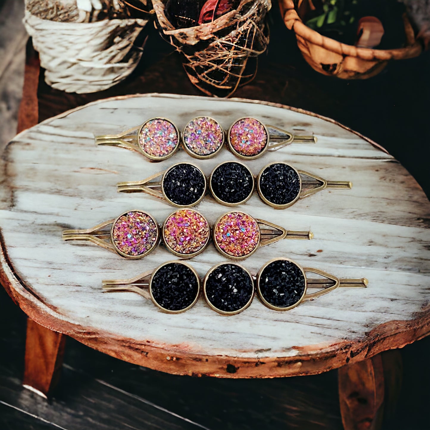 Black & Metallic Pink Druzy Hair Pins Set of 4 - Stylish and Versatile Hair Accessories