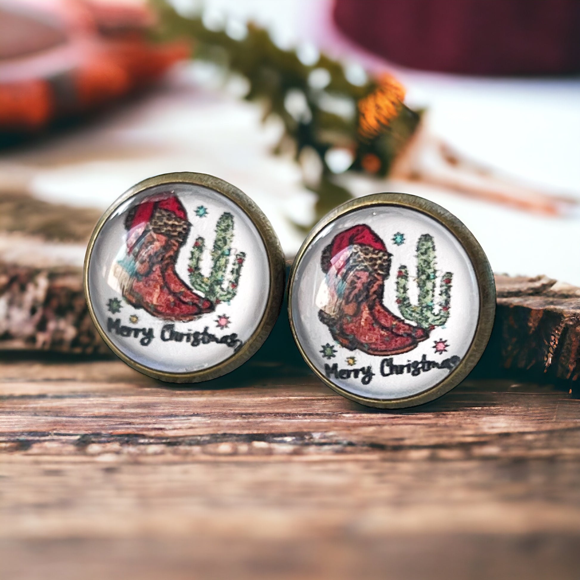 Western Cactus & Boot Merry Christmas Stud Earrings: Festive Southwest Charm