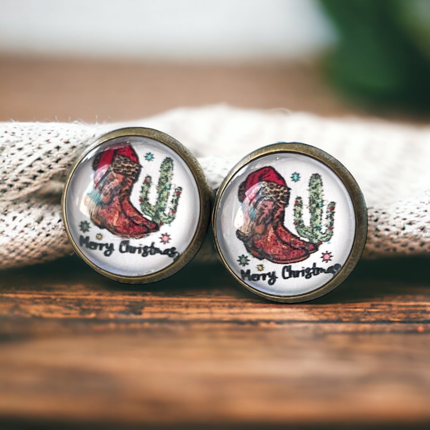 Western Cactus & Boot Merry Christmas Stud Earrings: Festive Southwest Charm