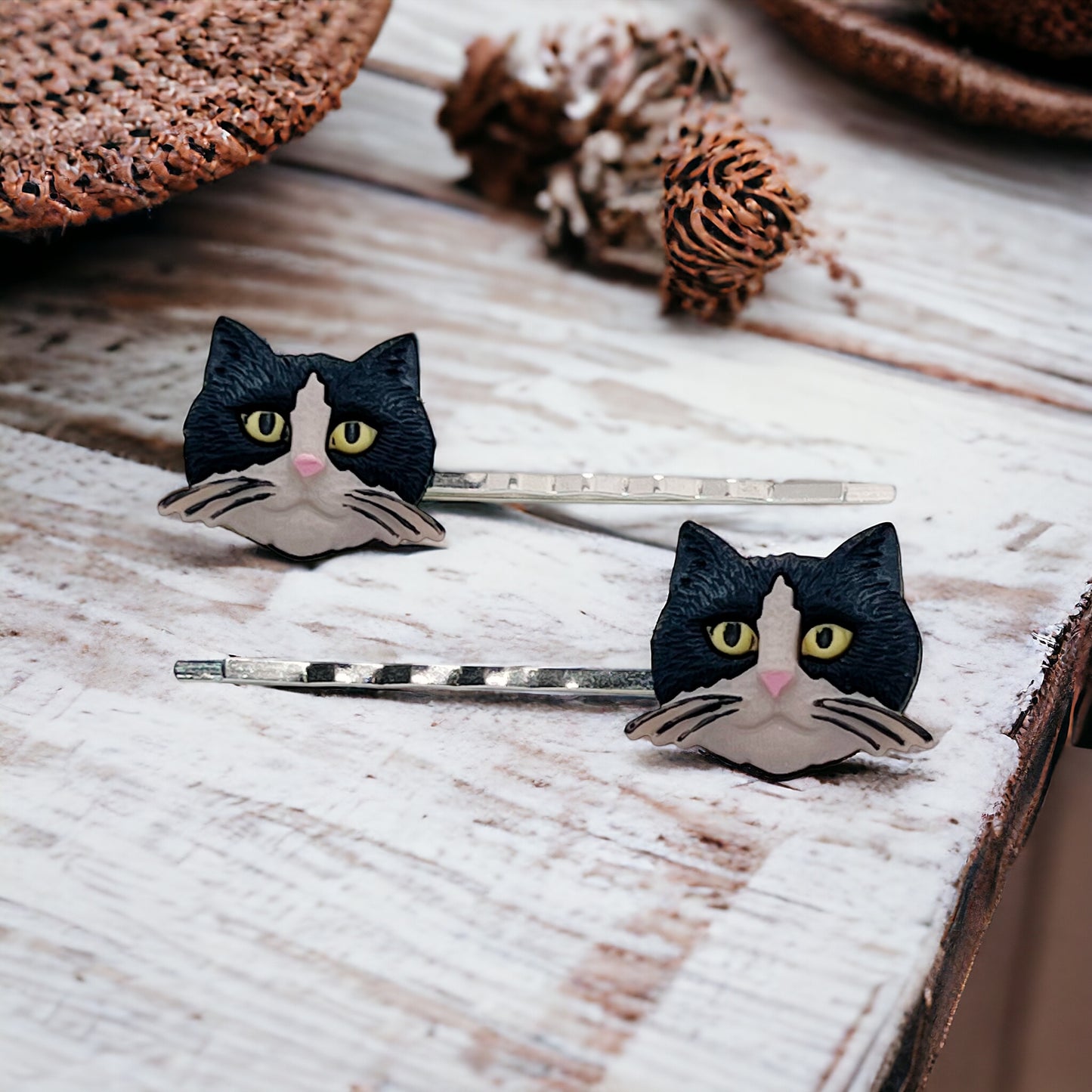 Black & Tan Cat Bobby Pins - Adorable Feline-Inspired Hair Accessories