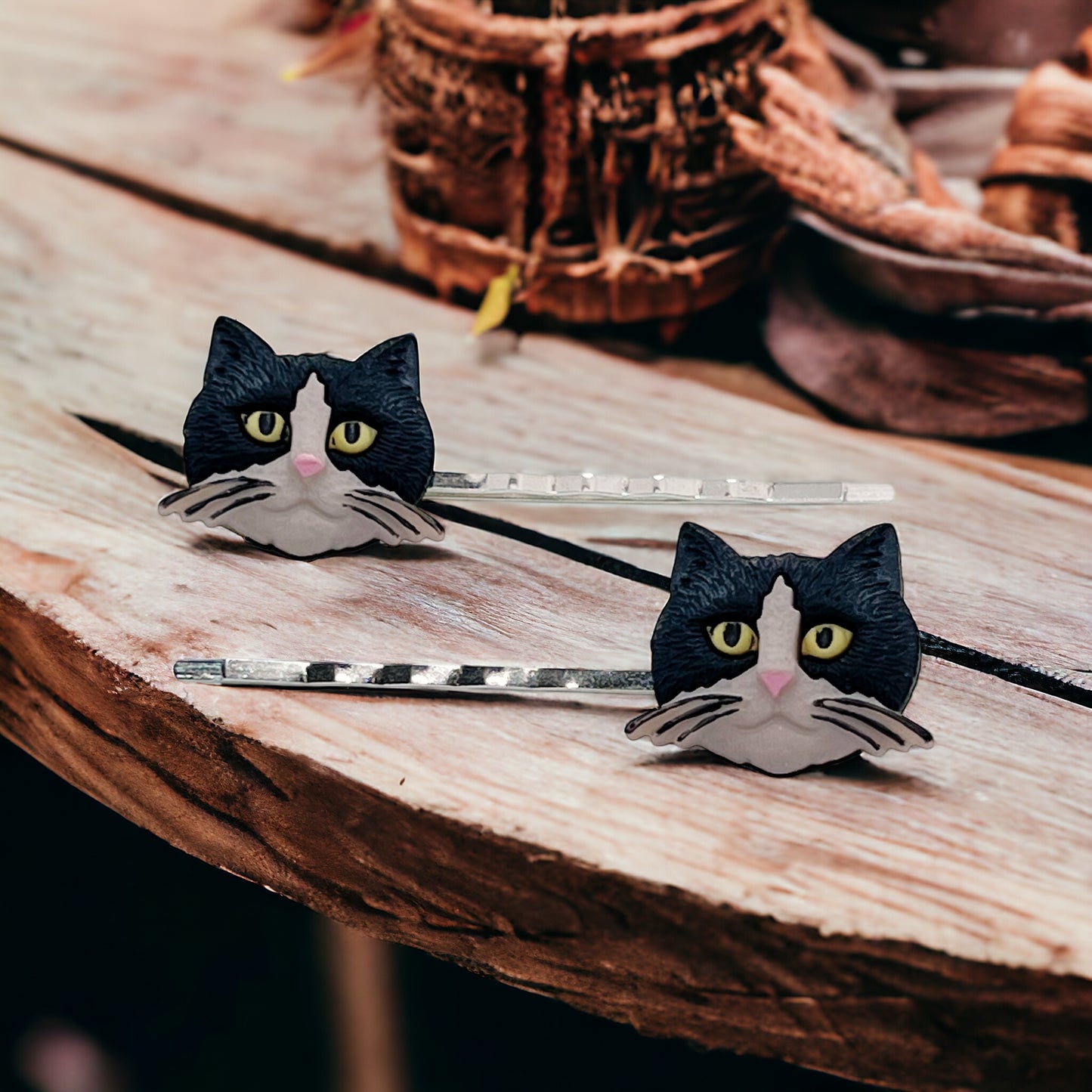 Black & Tan Cat Bobby Pins - Adorable Feline-Inspired Hair Accessories