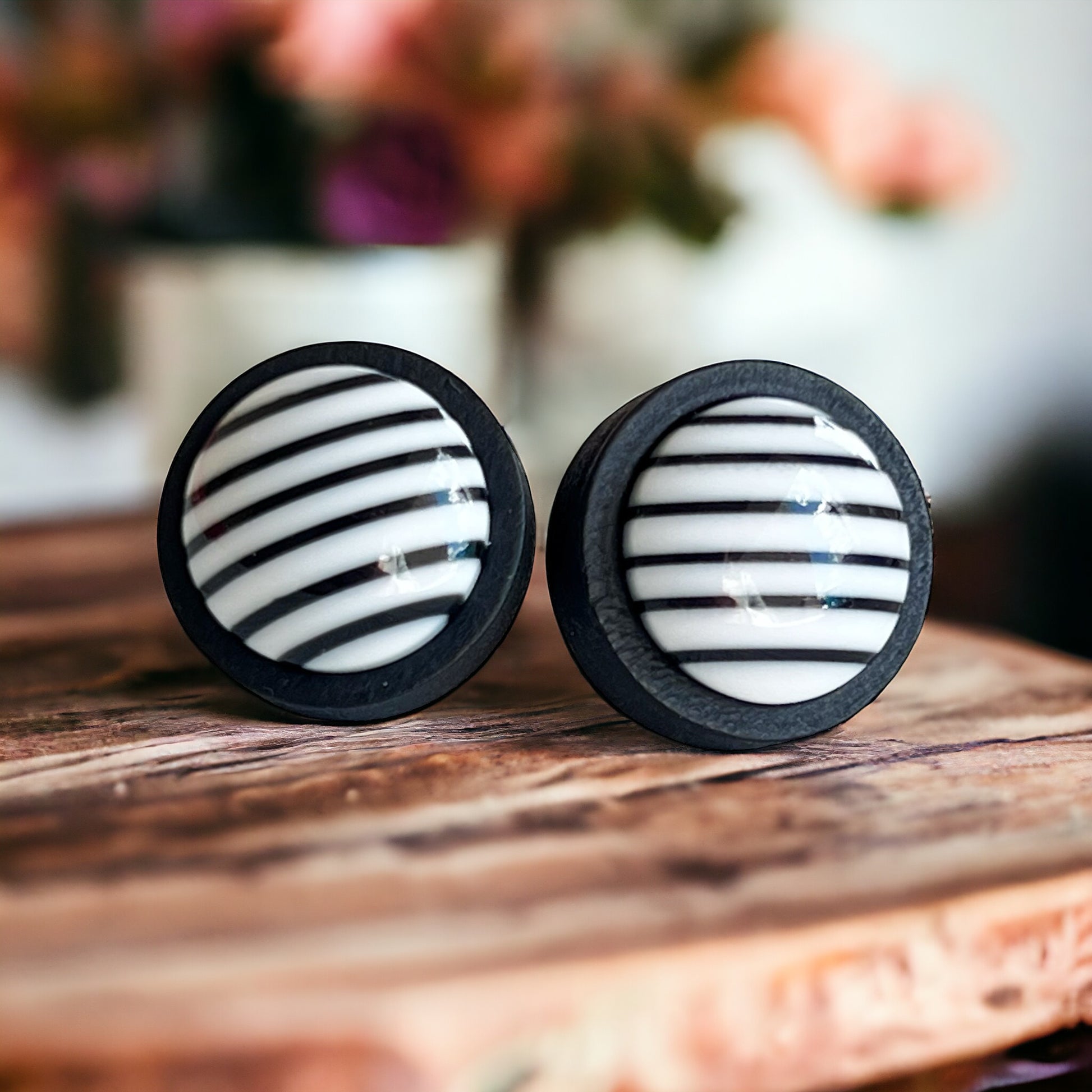 Black & White Striped Black Wood Earrings - Stylish & Contemporary Accessories