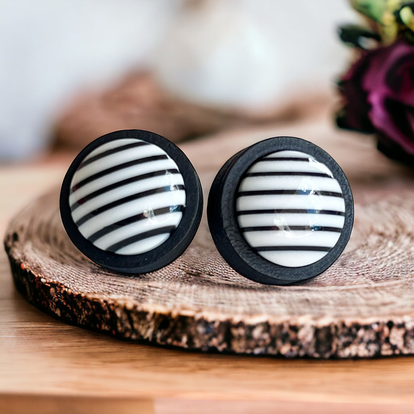 Black & White Striped Black Wood Earrings - Stylish & Contemporary Accessories