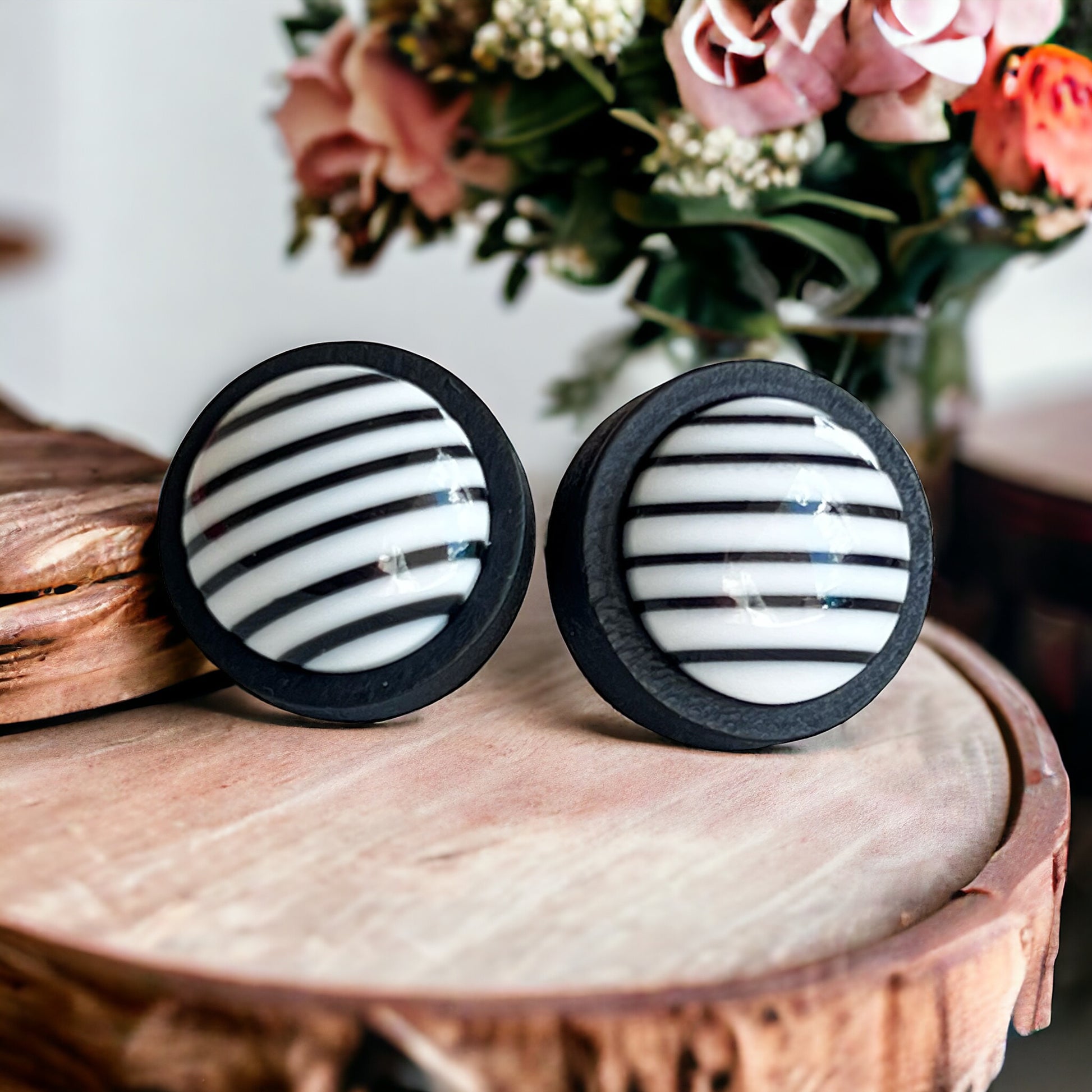 Black & White Striped Black Wood Earrings - Stylish & Contemporary Accessories