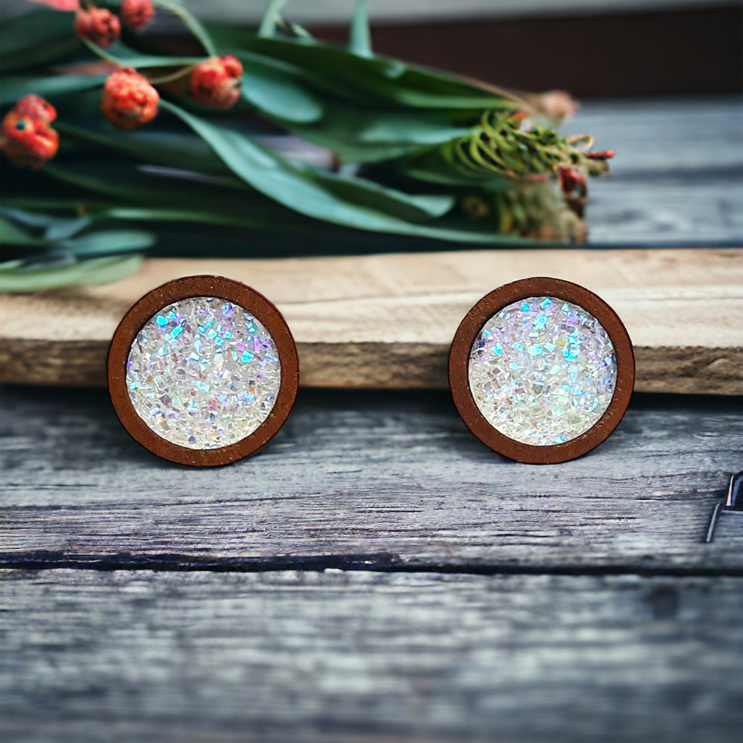 Glitter Druzy Wood Stud Earrings - Sparkling Statement Accessories