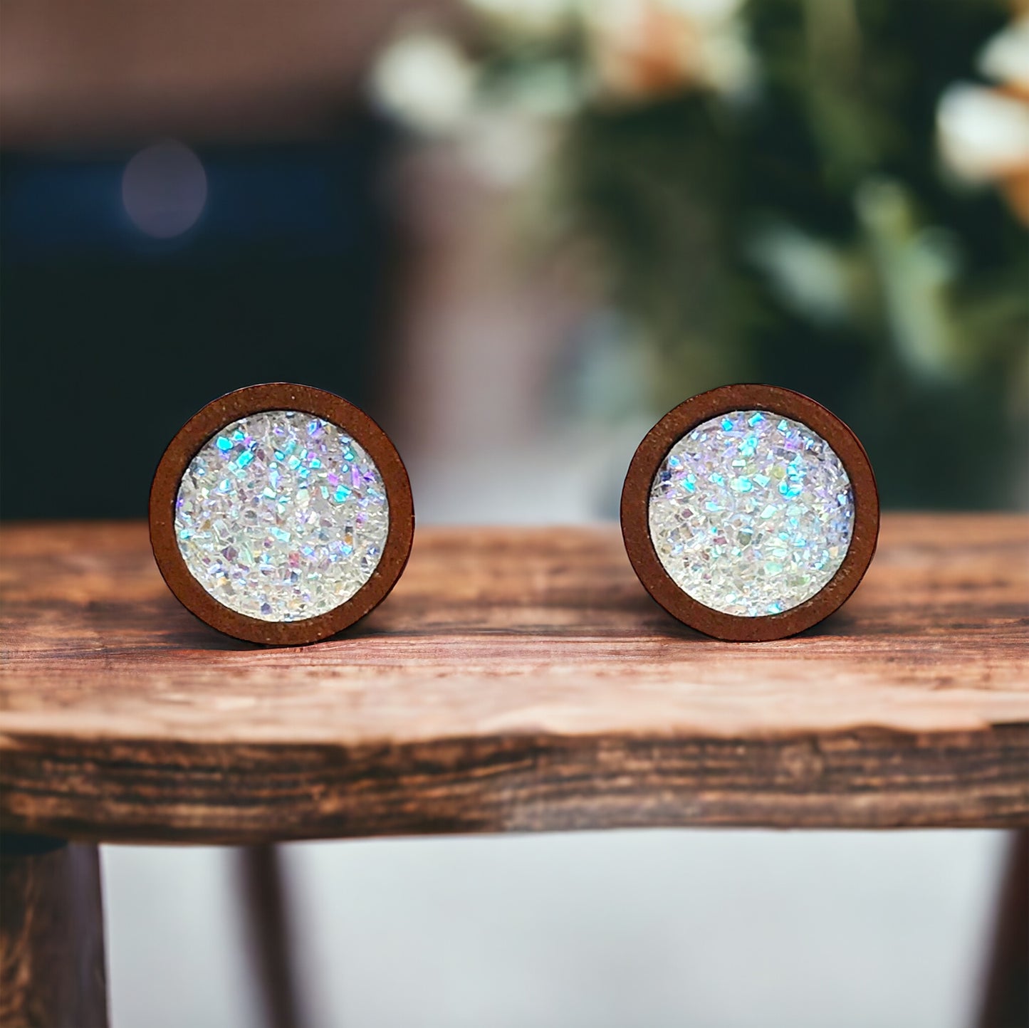 Glitter Druzy Wood Stud Earrings - Sparkling Statement Accessories