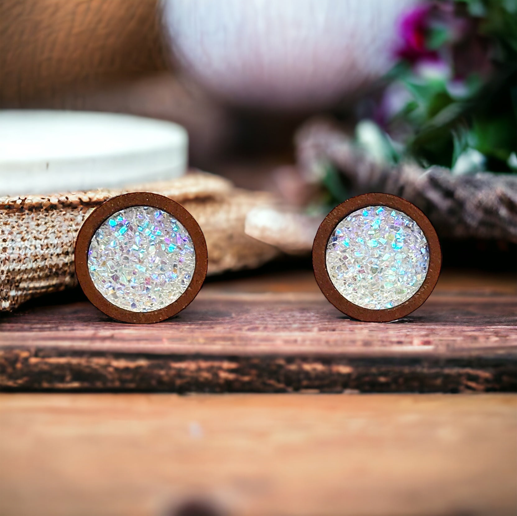 Glitter Druzy Wood Stud Earrings - Sparkling Statement Accessories