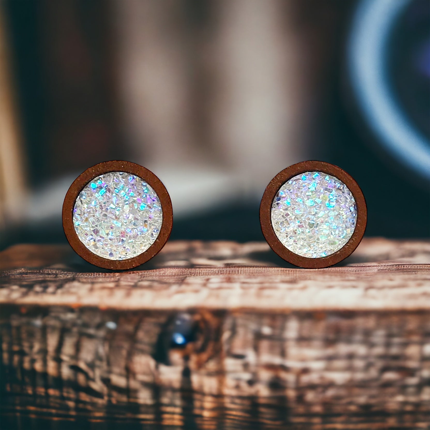 Glitter Druzy Wood Stud Earrings - Sparkling Statement Accessories