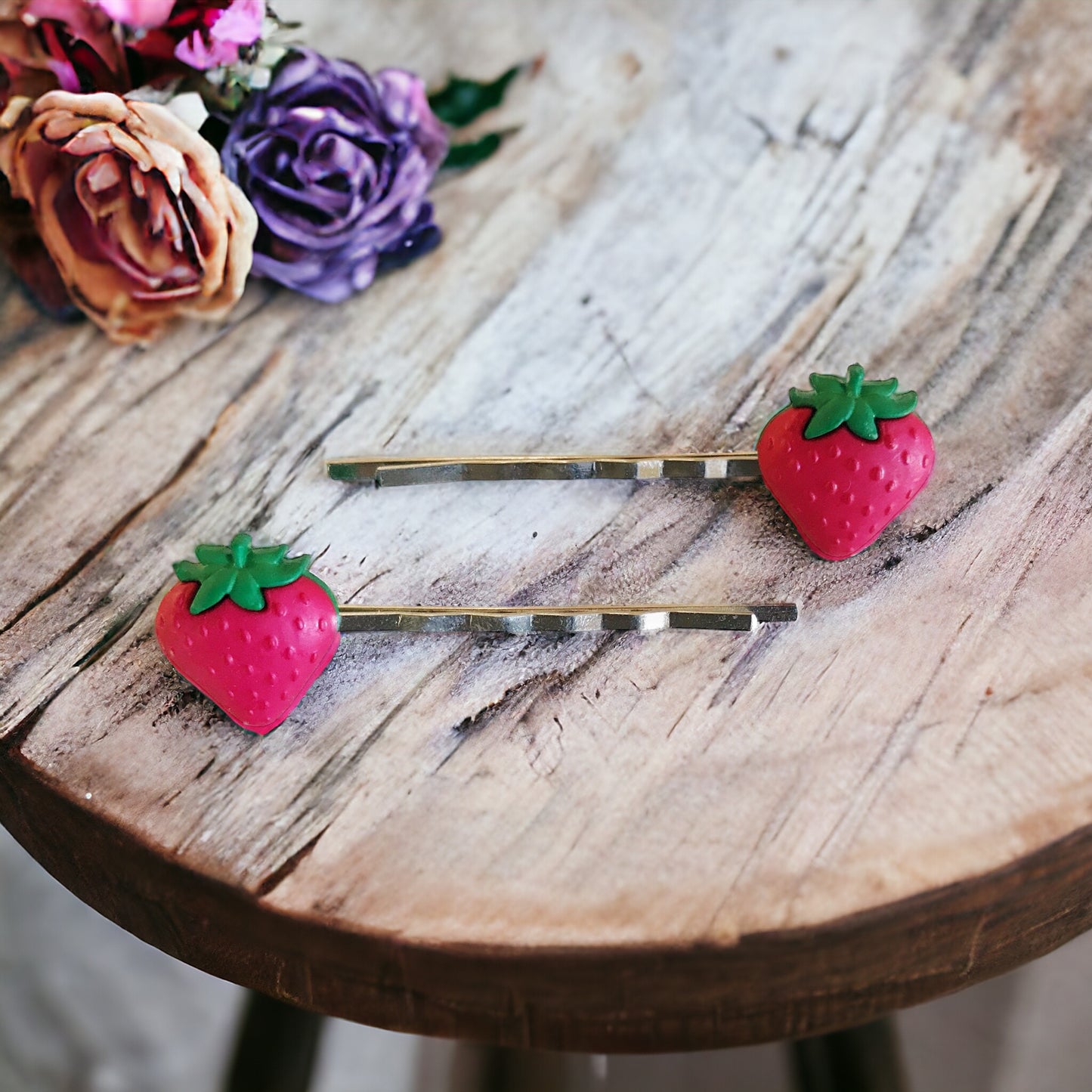 Strawberry Fruit Silver Bobby Pins - Fun & Whimsical Hair Accessories