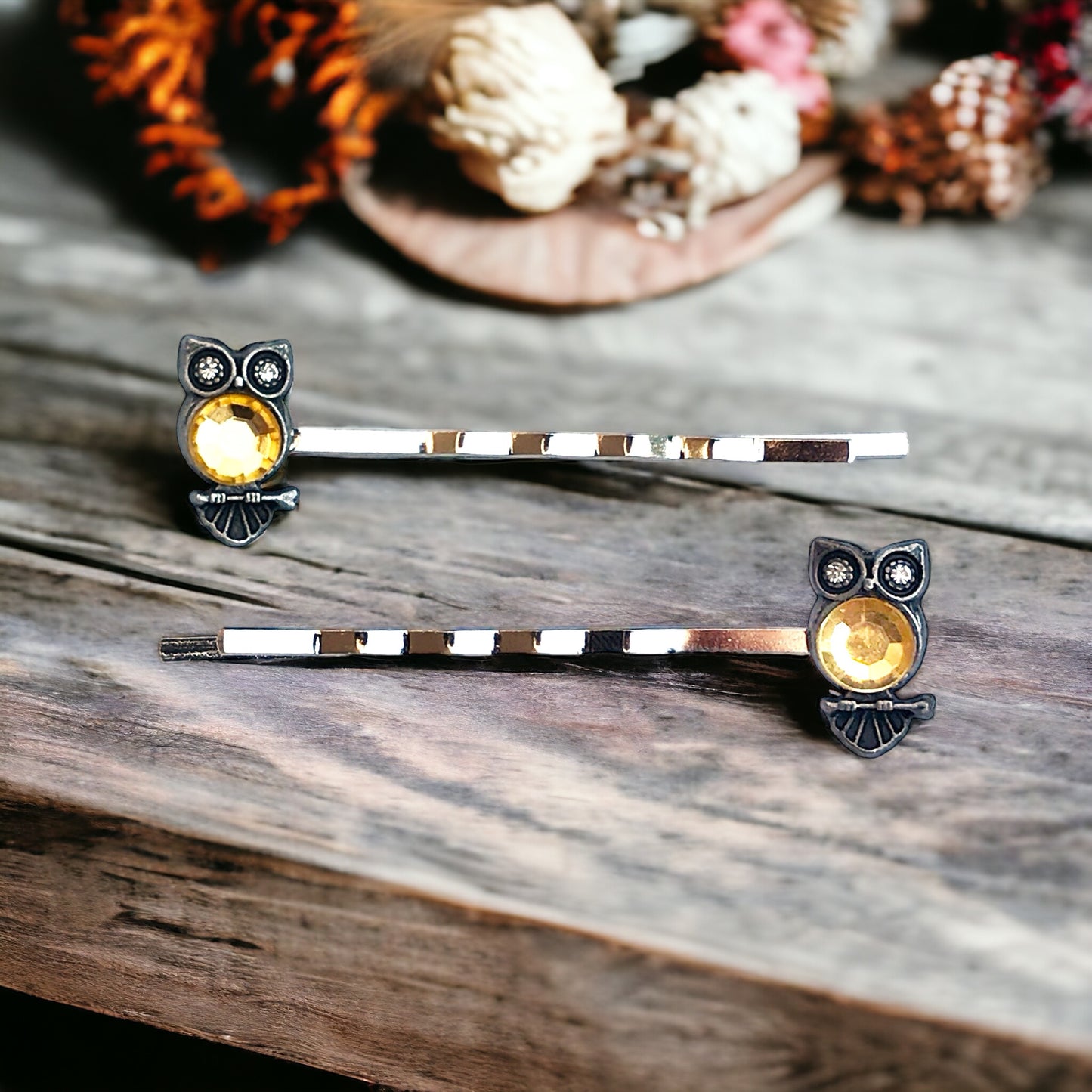 Yellow Rhinestone Owl Bobby Pins: Sparkling Owl Accents for Unique Hairstyles