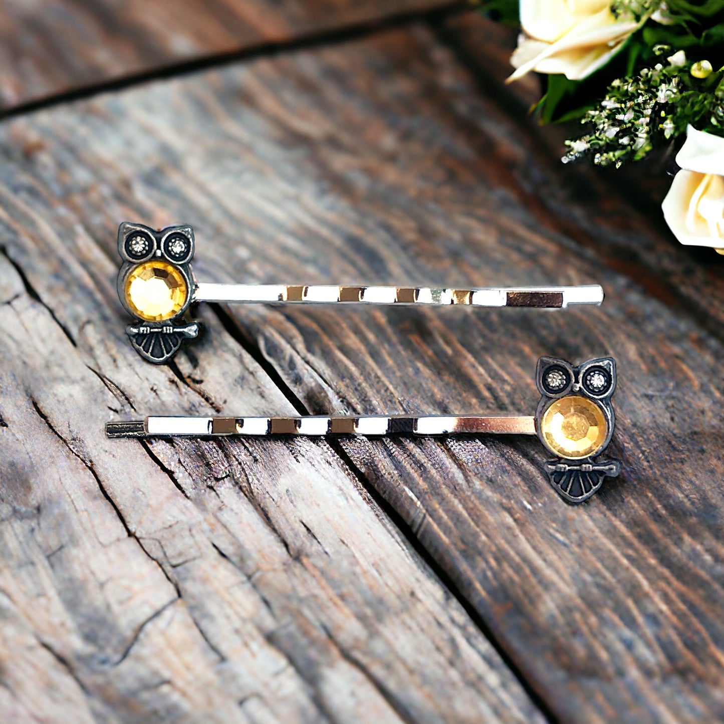 Yellow Rhinestone Owl Bobby Pins: Sparkling Owl Accents for Unique Hairstyles