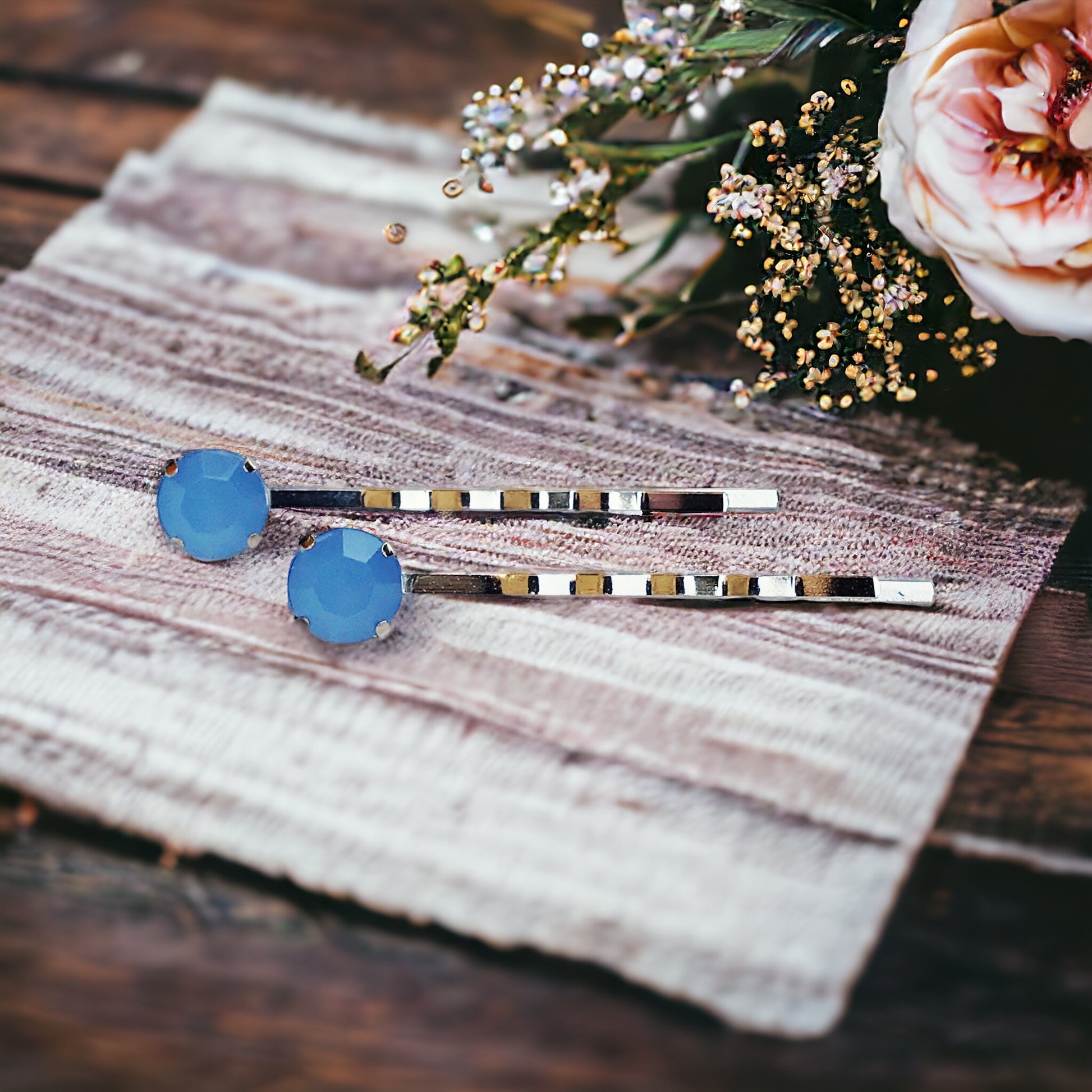 Round Blue Rhinestone Hair Pins - Trendy Hair Clips for Women | Formal & Dainty Bobby Pins