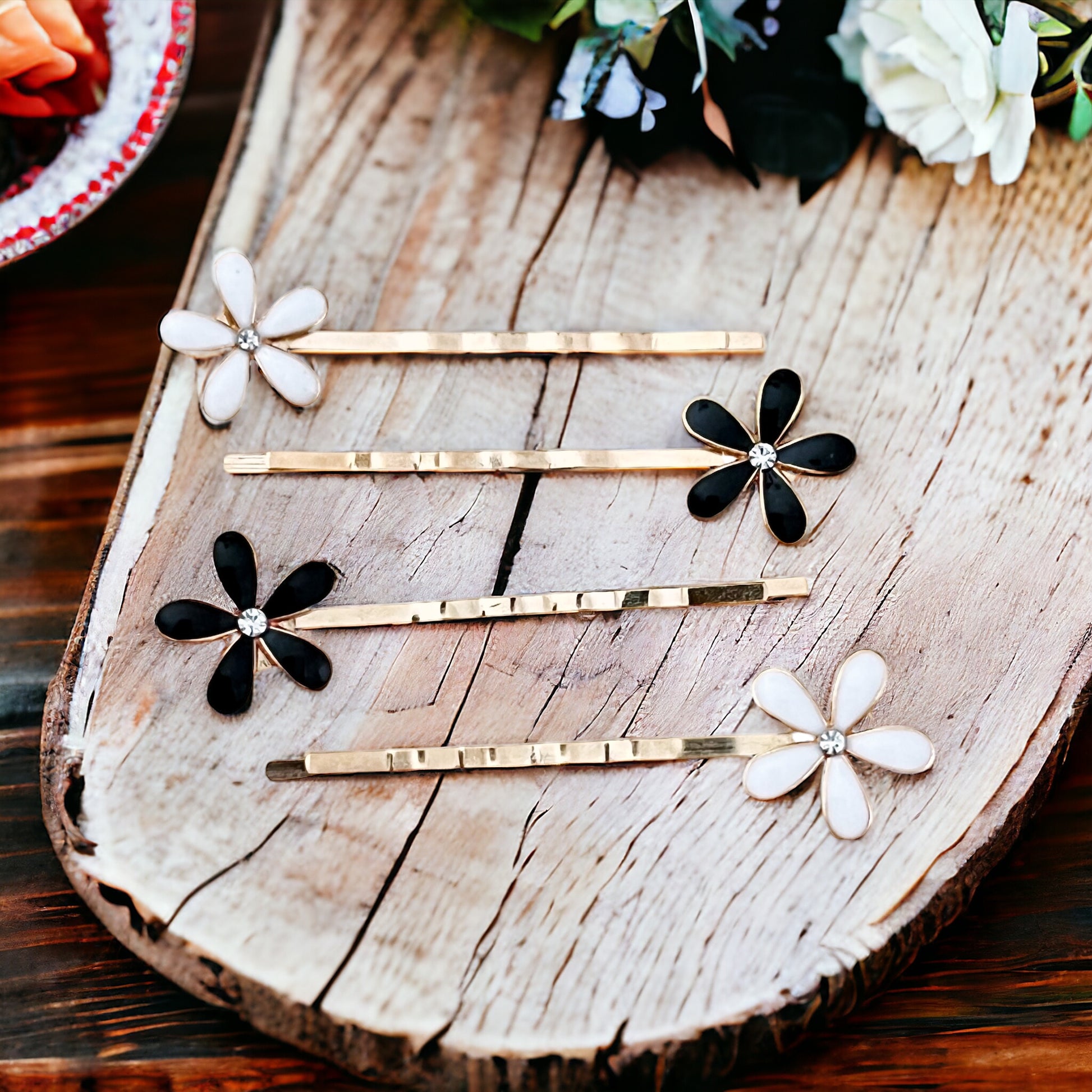 Black & White Enamel Rhinestone Flower Hair Pins - Elegant Floral Hair Accessories