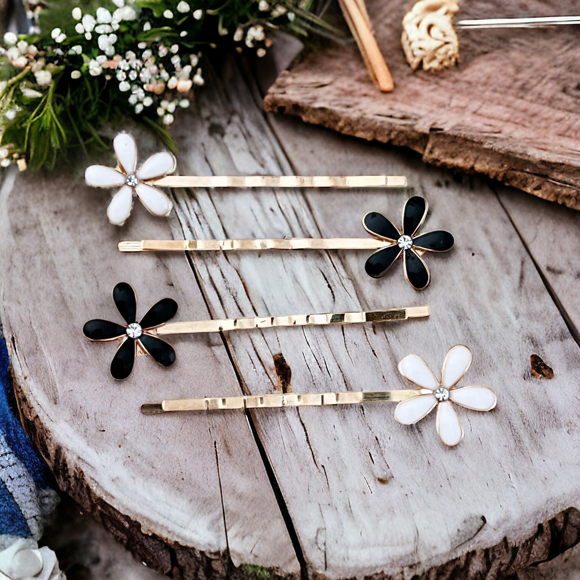 Black & White Enamel Rhinestone Flower Hair Pins - Elegant Floral Hair Accessories