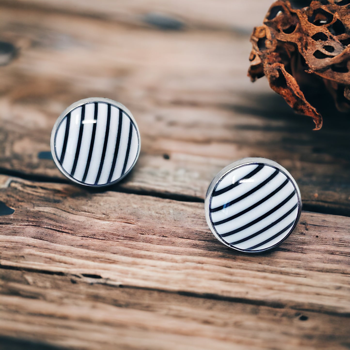 Black & White Striped Stud Earrings - Classic Modern Accessories