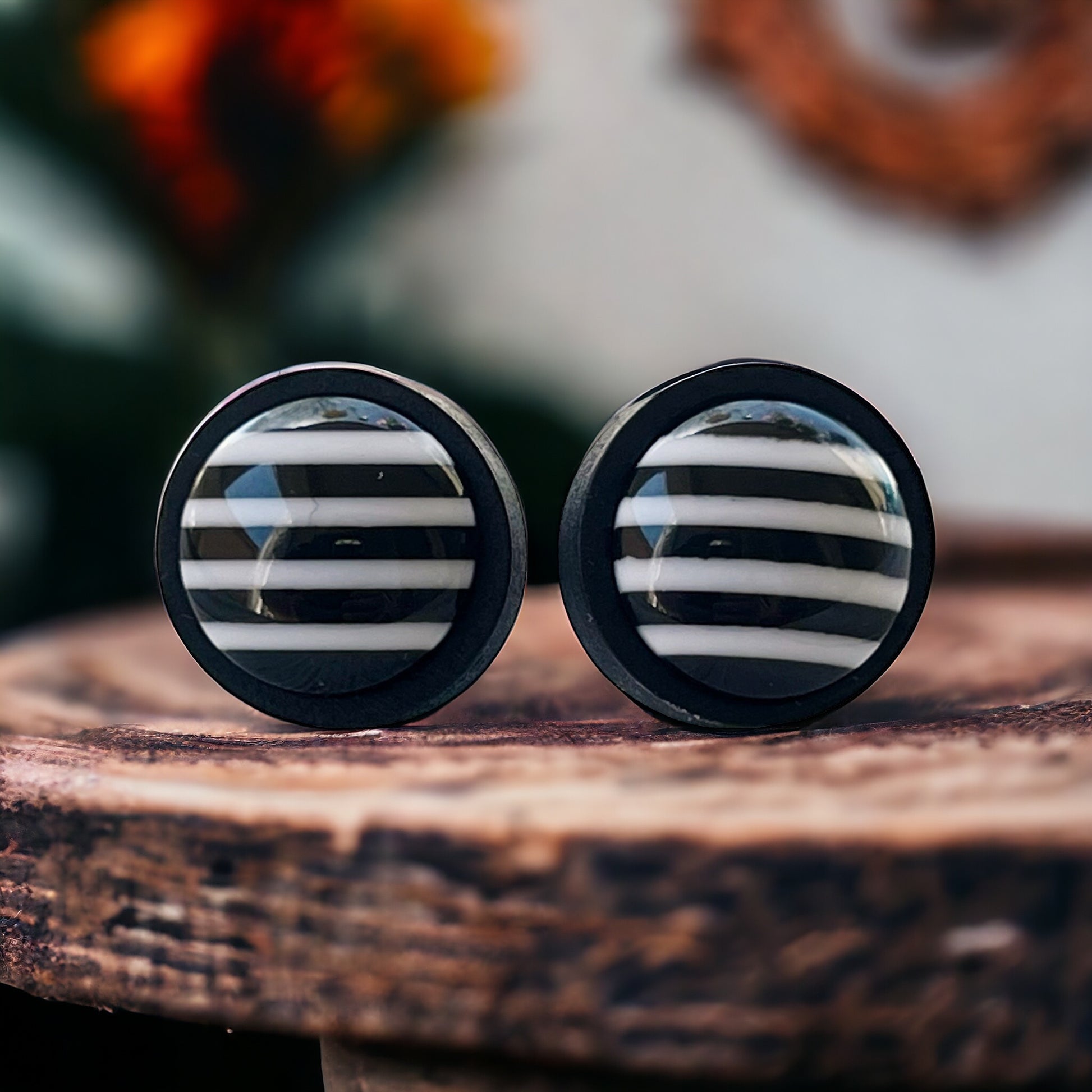 Black & White Large Striped Wood Earrings - Statement Monochrome Accessories