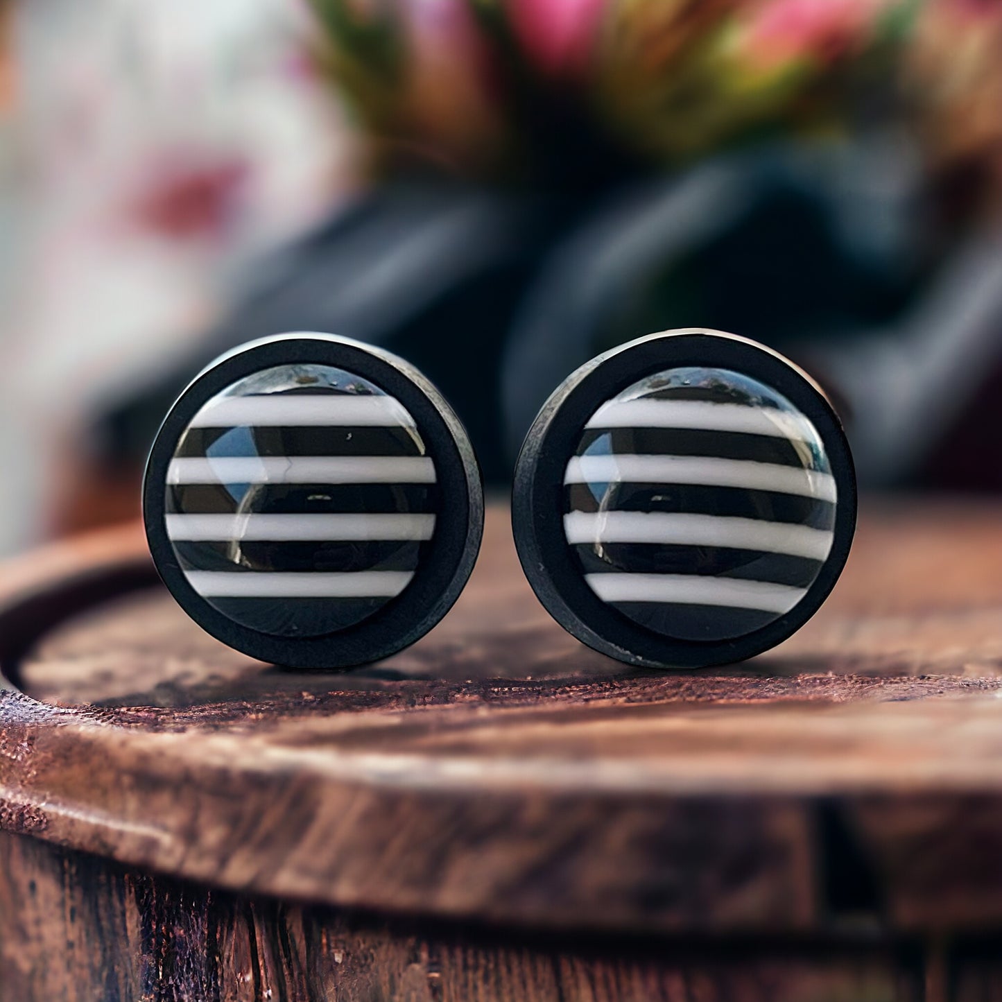 Black & White Large Striped Wood Earrings - Statement Monochrome Accessories