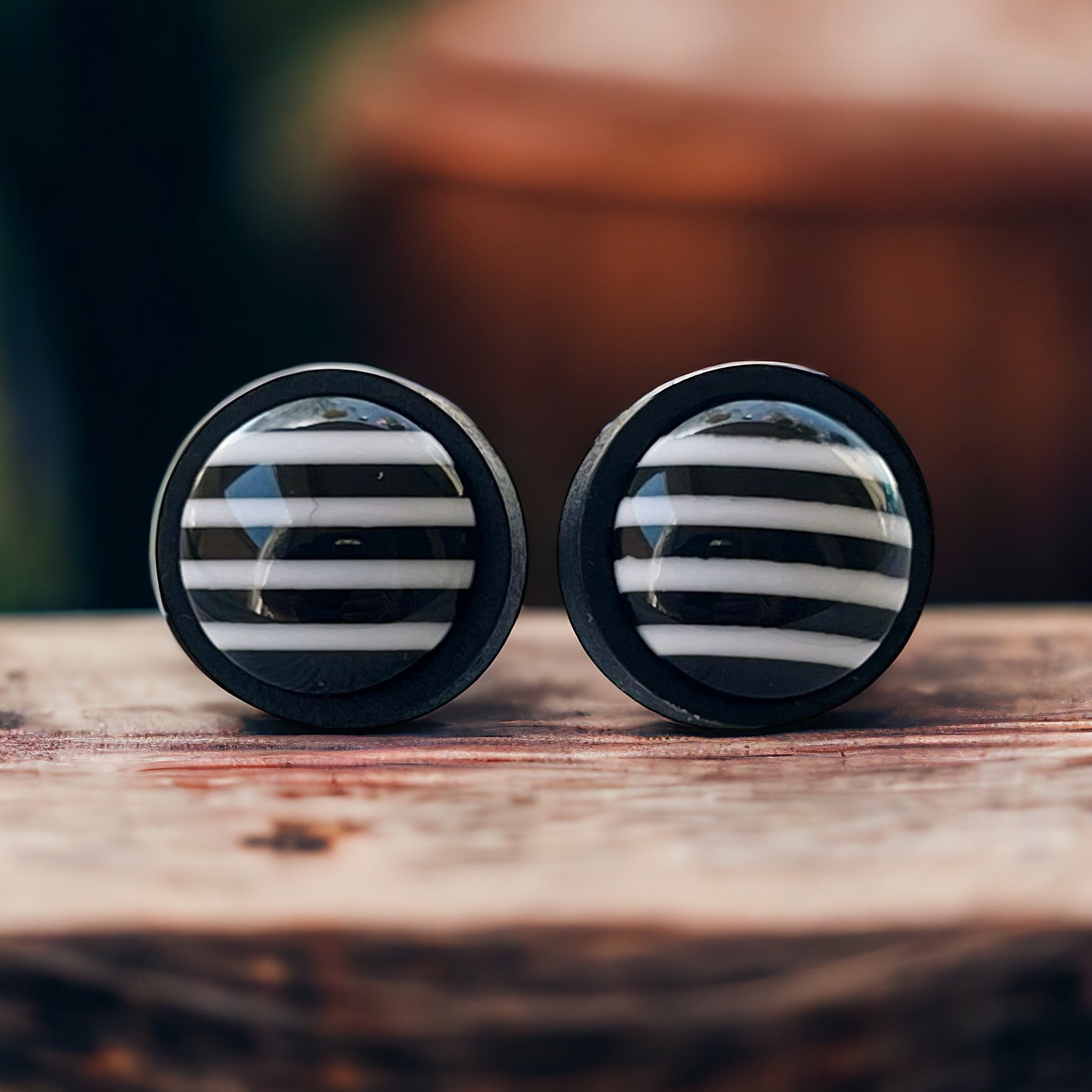 Black & White Large Striped Wood Earrings - Statement Monochrome Accessories
