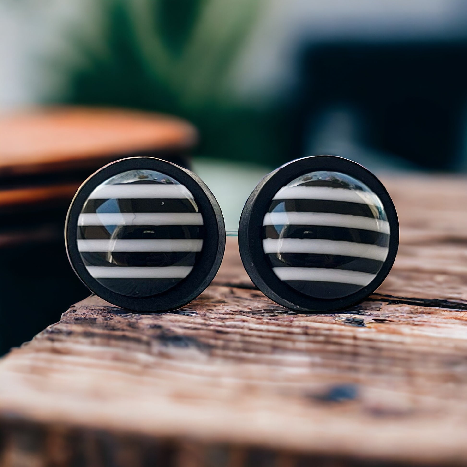 Black & White Large Striped Wood Earrings - Statement Monochrome Accessories