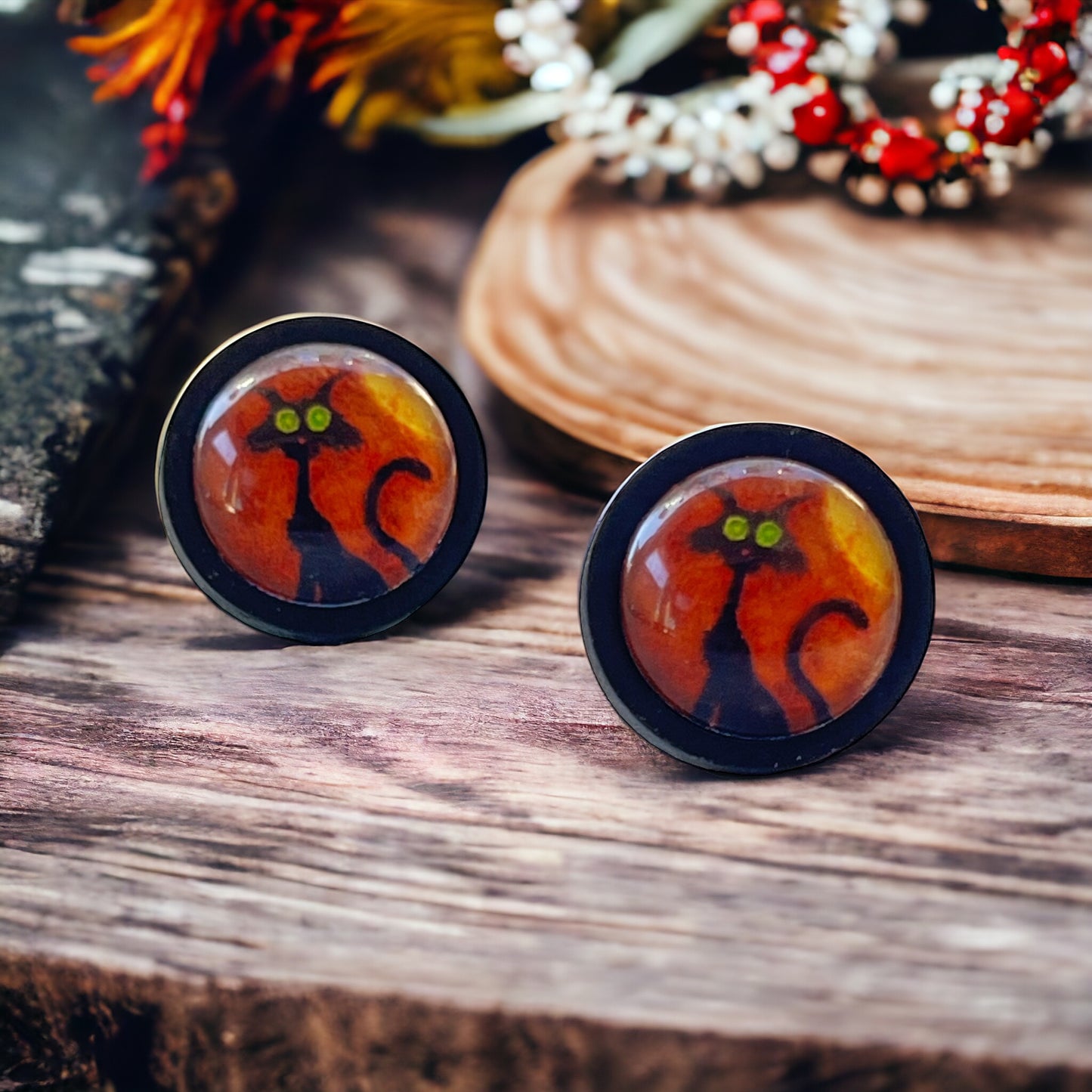 Black Cat Halloween Stainless Steel Black Wood Stud Earring - Spooky and Stylish Accessory