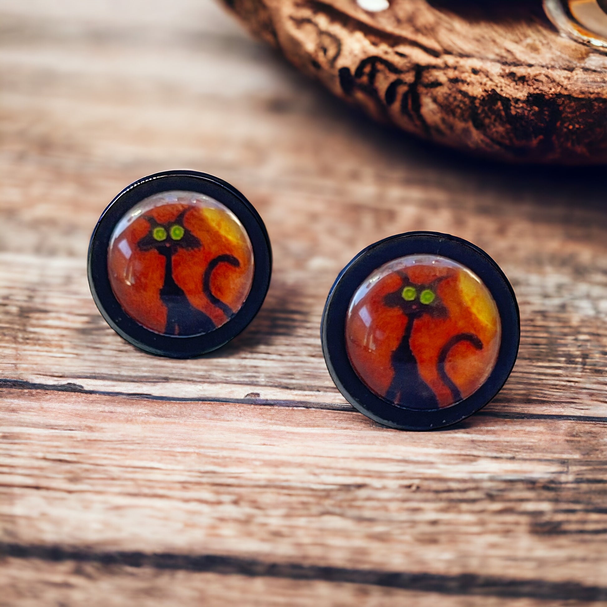 Black Cat Halloween Stainless Steel Black Wood Stud Earring - Spooky and Stylish Accessory