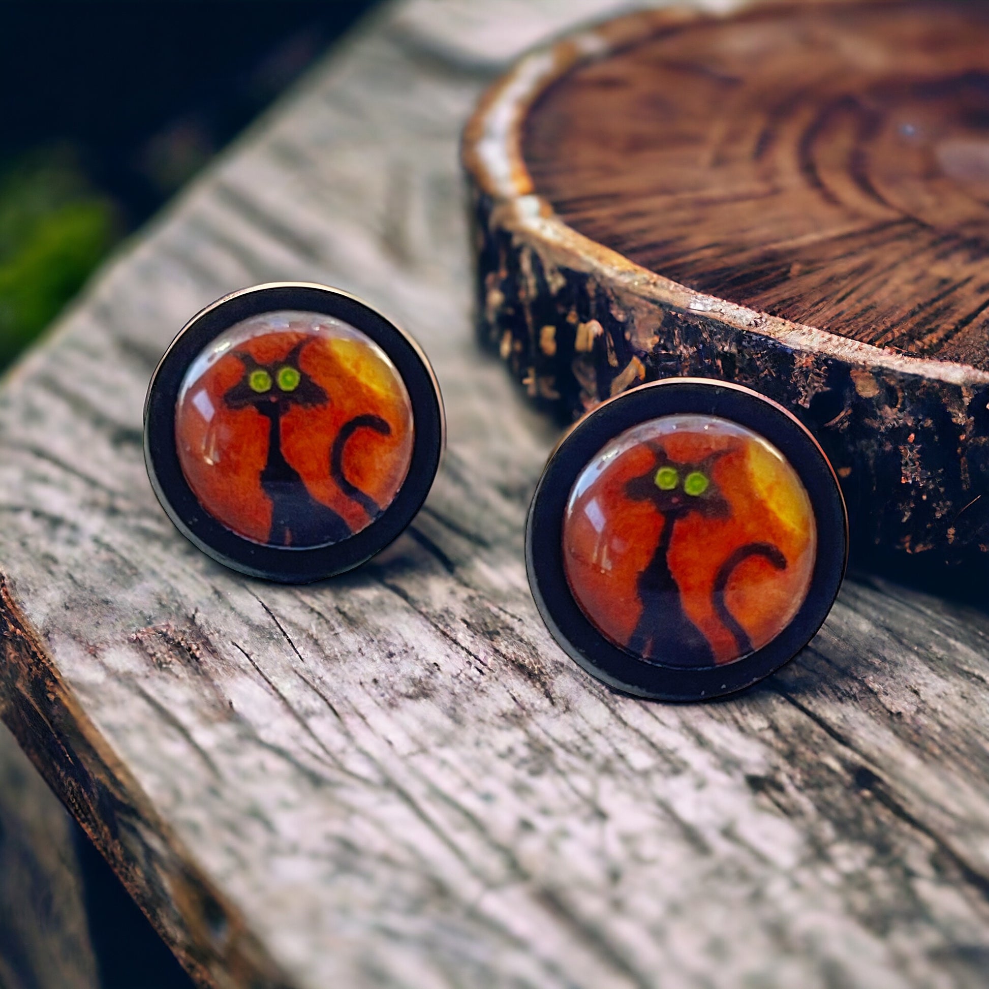 Black Cat Halloween Stainless Steel Black Wood Stud Earring - Spooky and Stylish Accessory