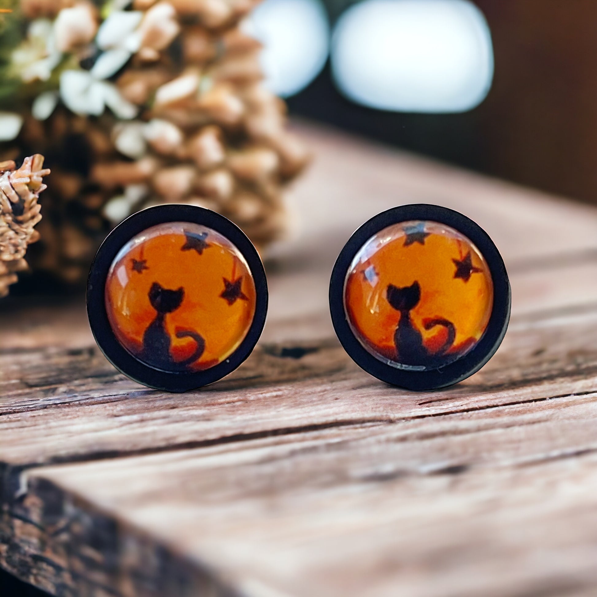 Black Cat Halloween Orange & Black Wood Stud Earring - Spooky & Stylish Accessory