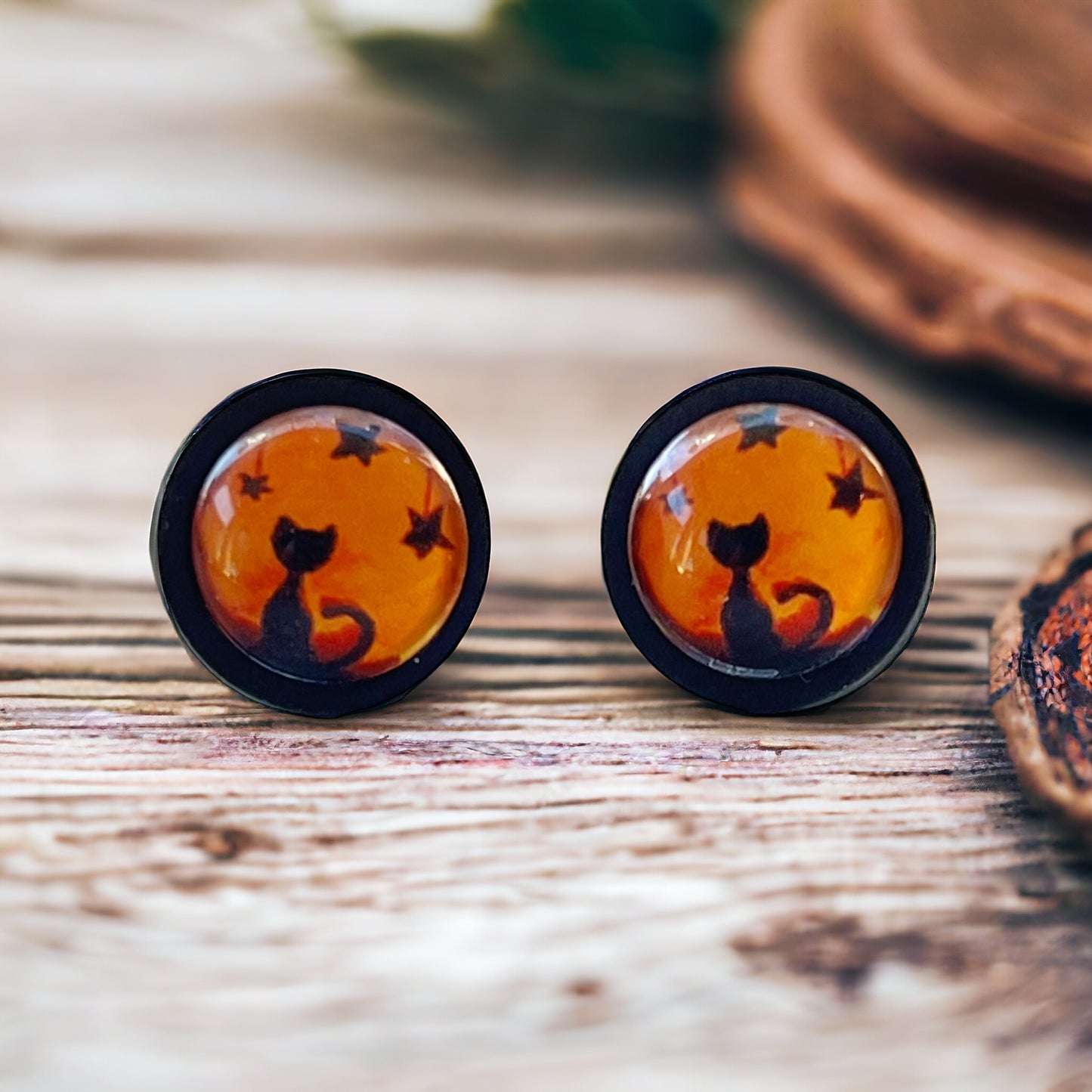 Black Cat Halloween Orange & Black Wood Stud Earring - Spooky & Stylish Accessory