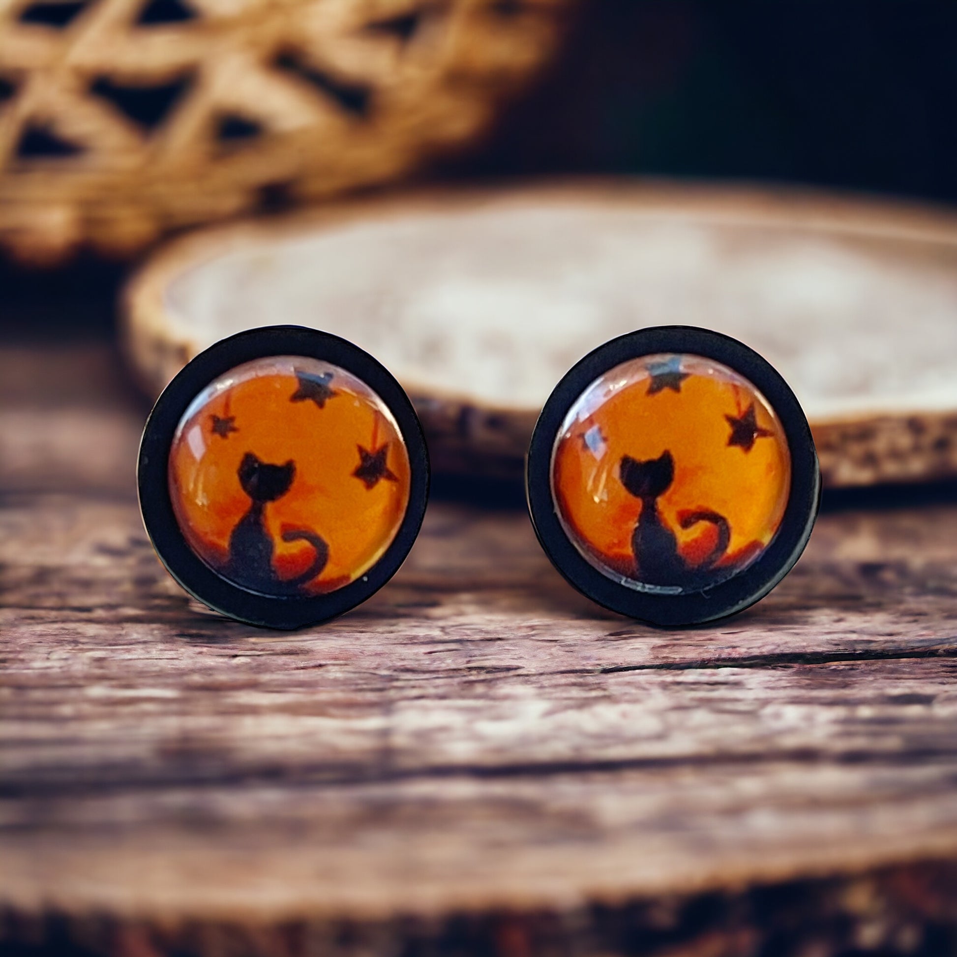 Black Cat Halloween Orange & Black Wood Stud Earring - Spooky & Stylish Accessory