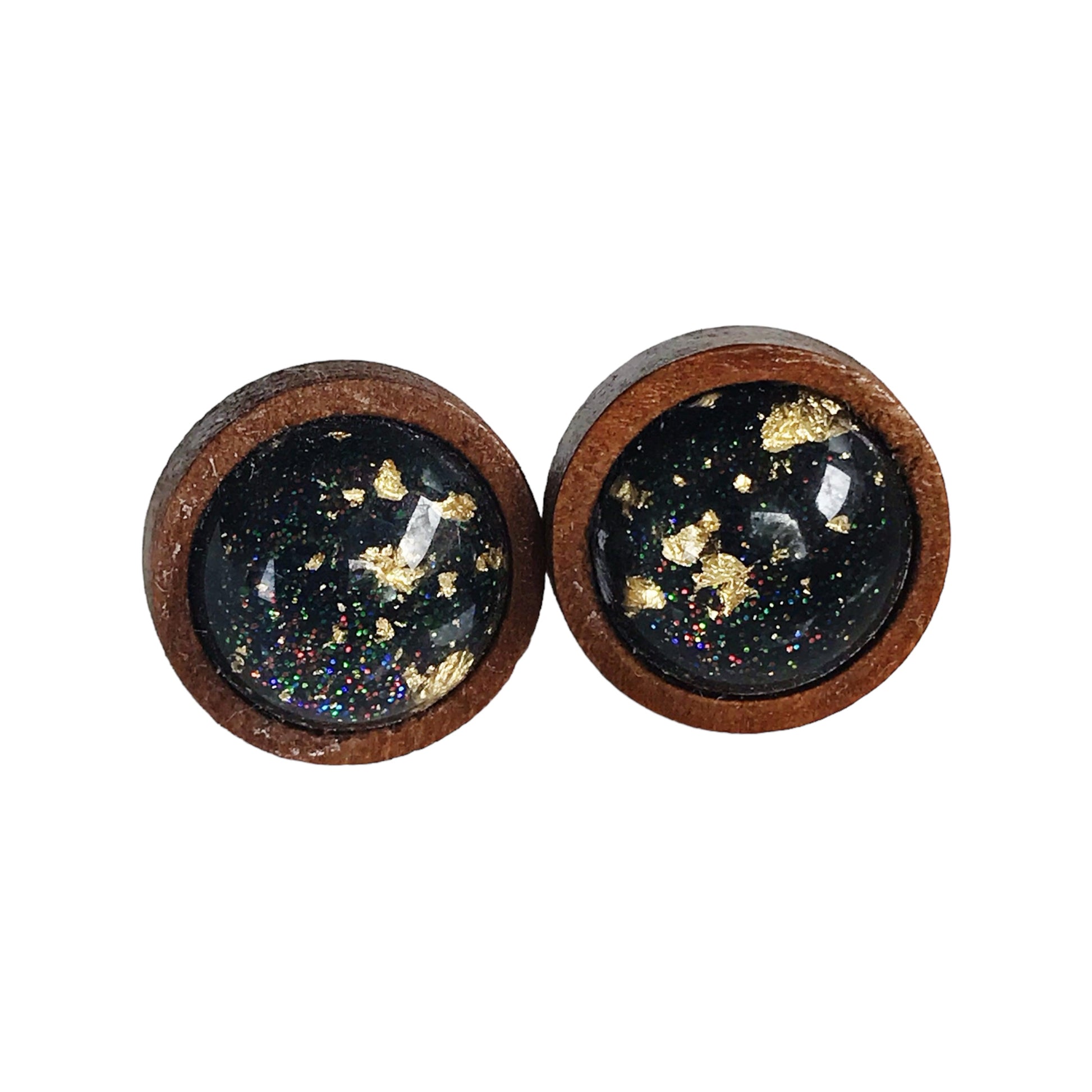 Black Glitter Gold Flake Wood Stud Earrings - Elegant Statement Jewelry