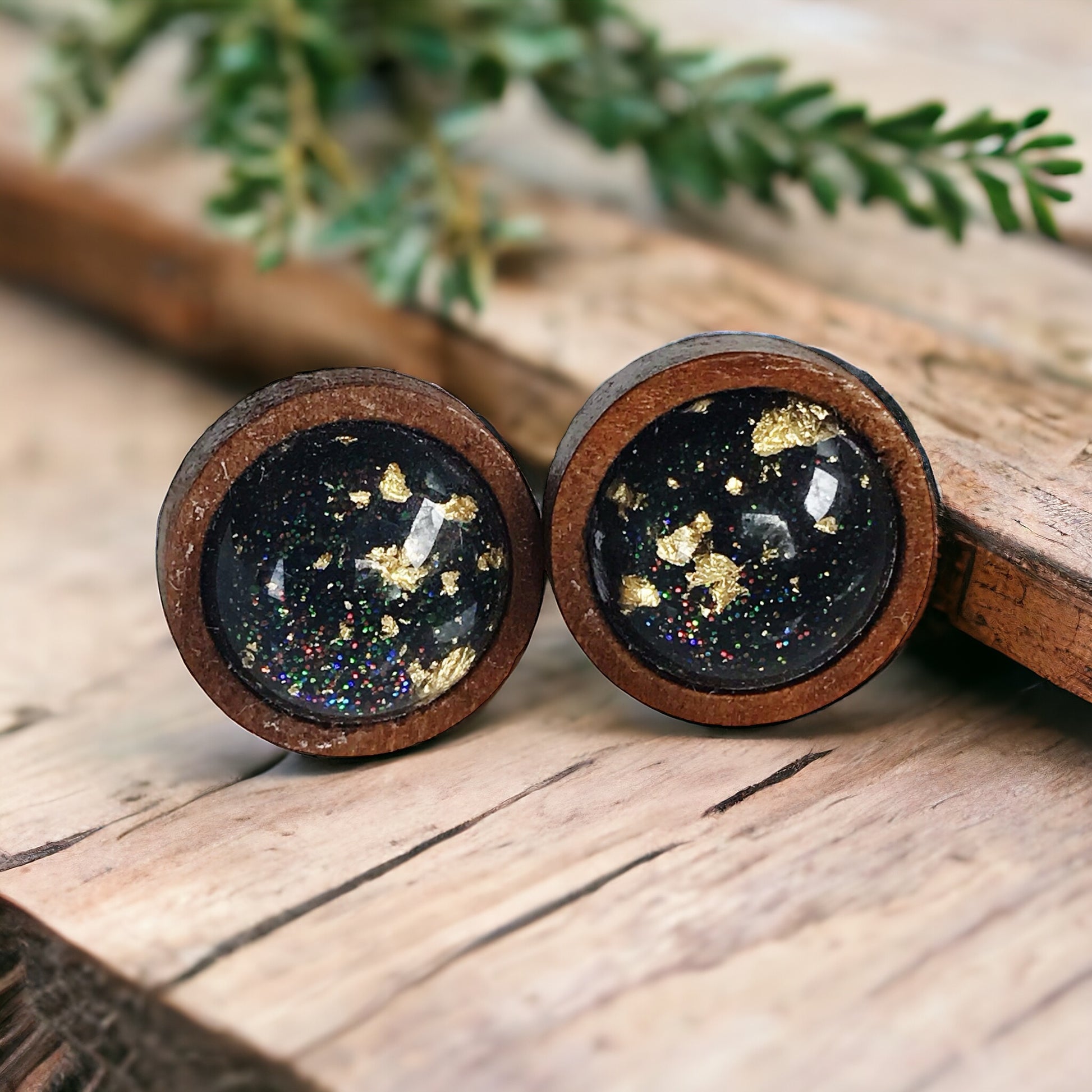 Black Glitter Gold Flake Wood Stud Earrings - Elegant Statement Jewelry