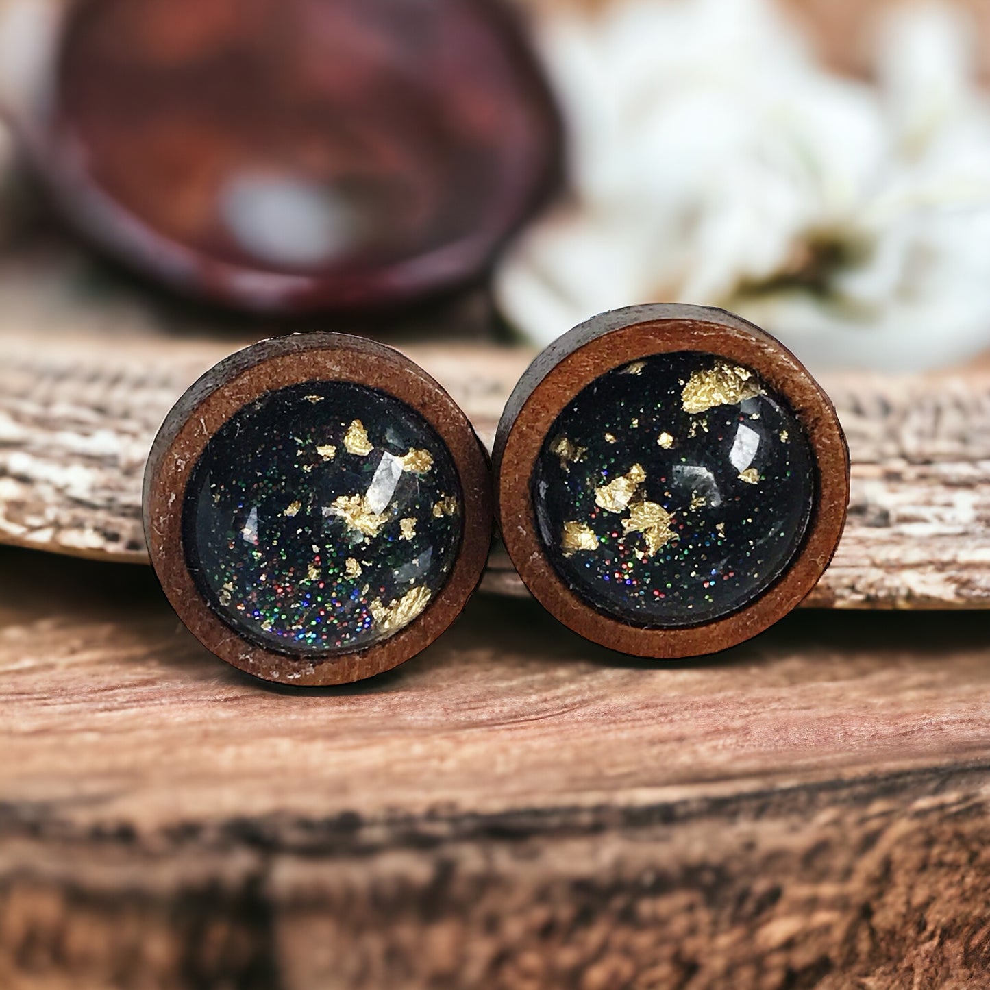 Black Glitter Gold Flake Wood Stud Earrings - Elegant Statement Jewelry