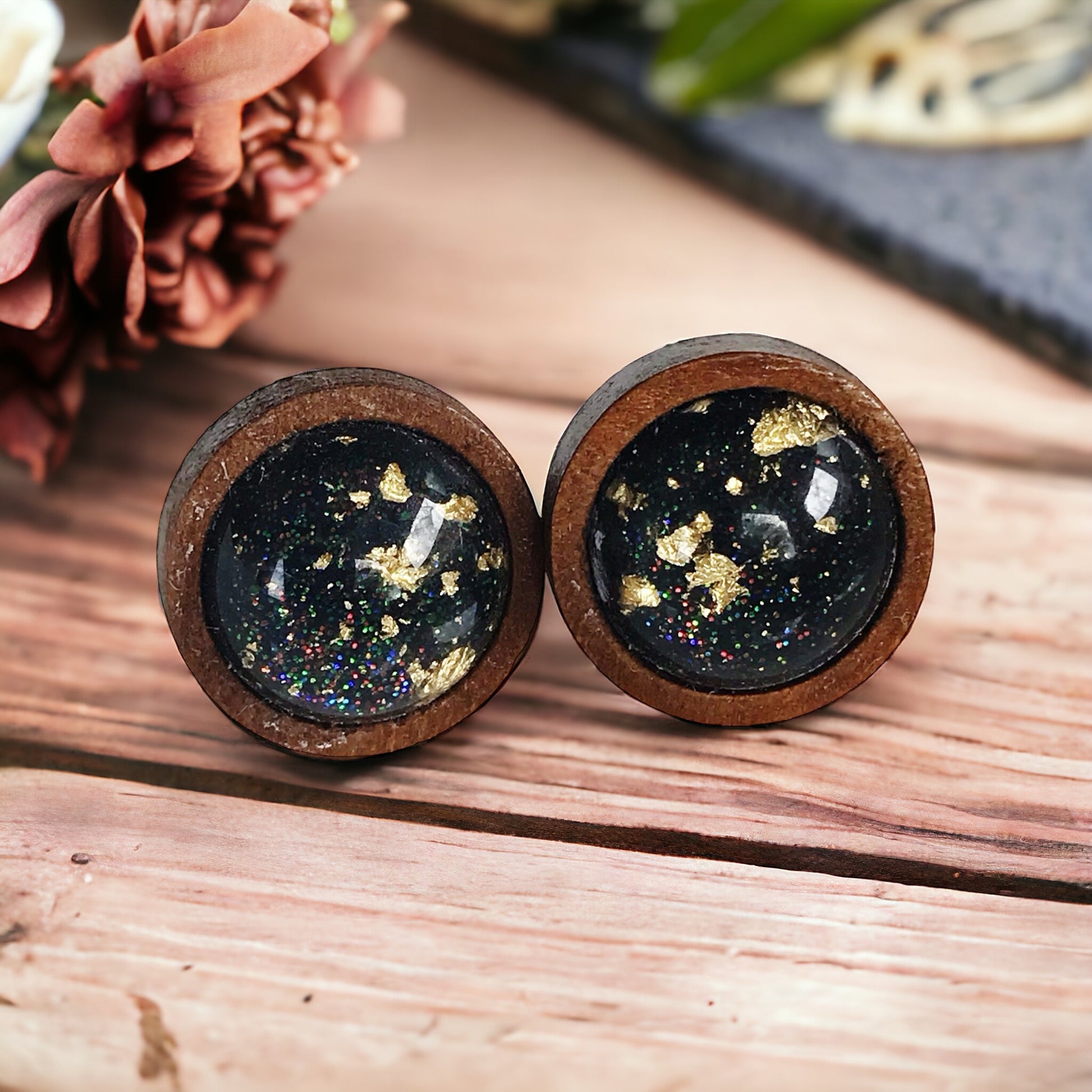 Black Glitter Gold Flake Wood Stud Earrings - Elegant Statement Jewelry