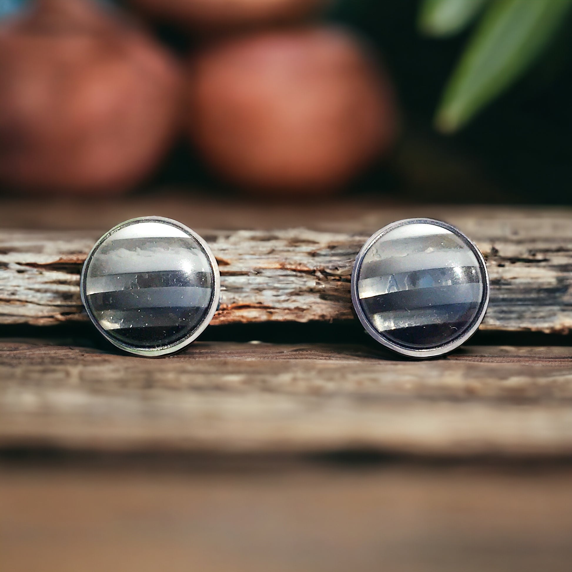 Black, Gray, & White Striped Stud Earrings - Sleek & Contemporary Accessories