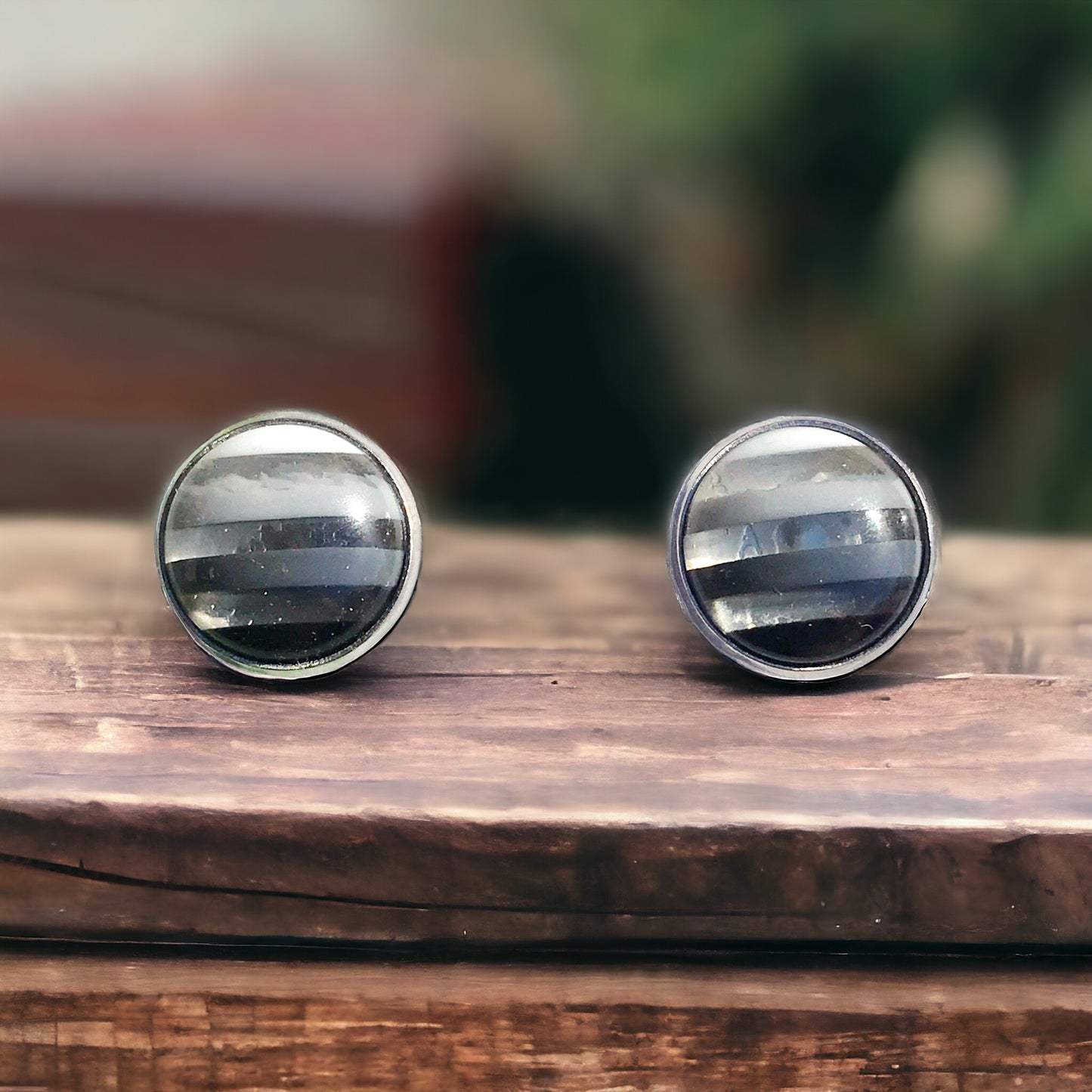 Black, Gray, & White Striped Stud Earrings - Sleek & Contemporary Accessories