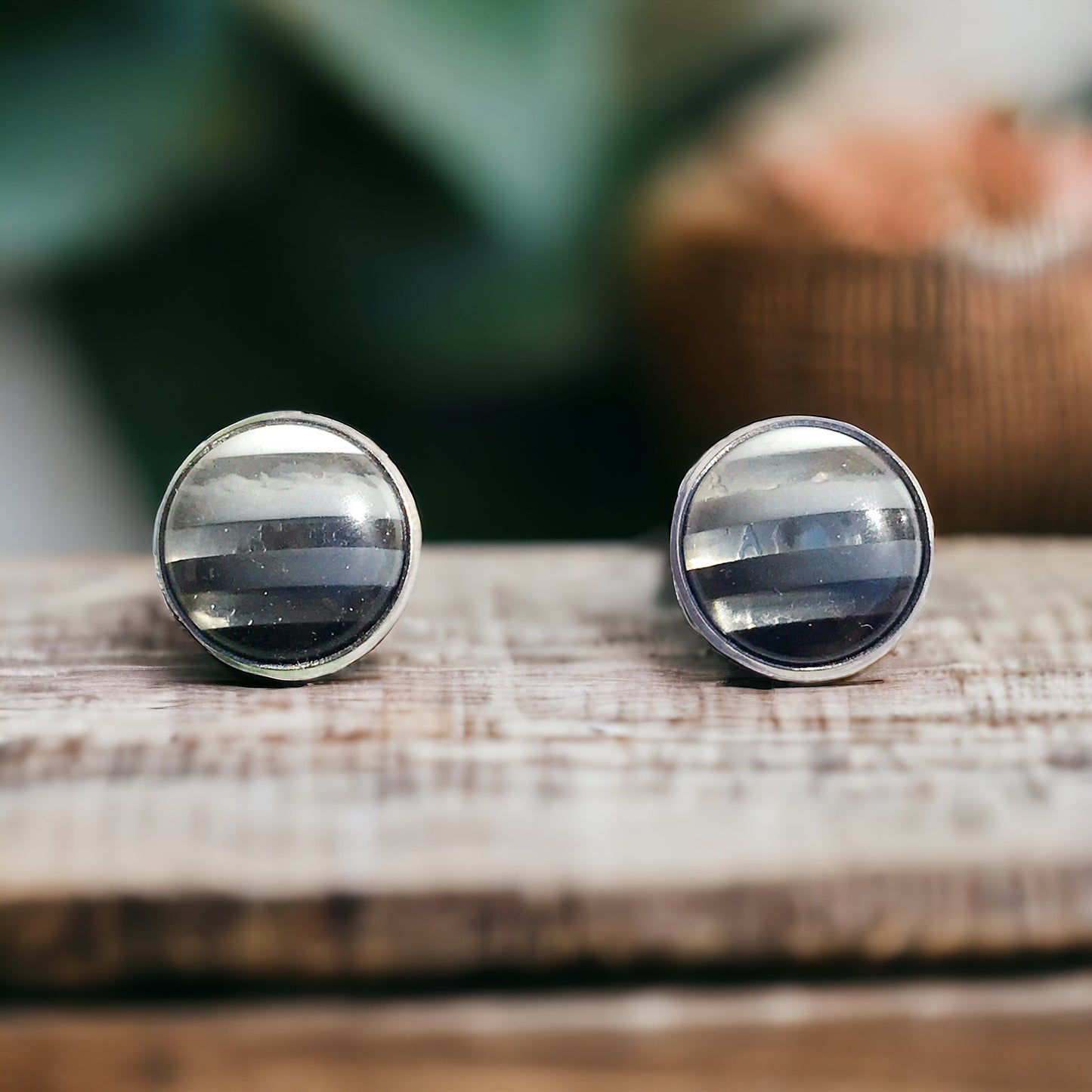 Black, Gray, & White Striped Stud Earrings - Sleek & Contemporary Accessories