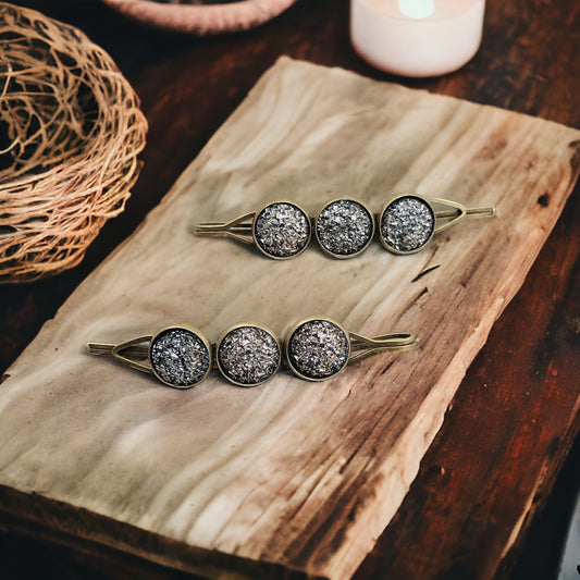 Slate Gray Metallic Druzy Hair Pins- Stylish & Elegant Hair Accessory