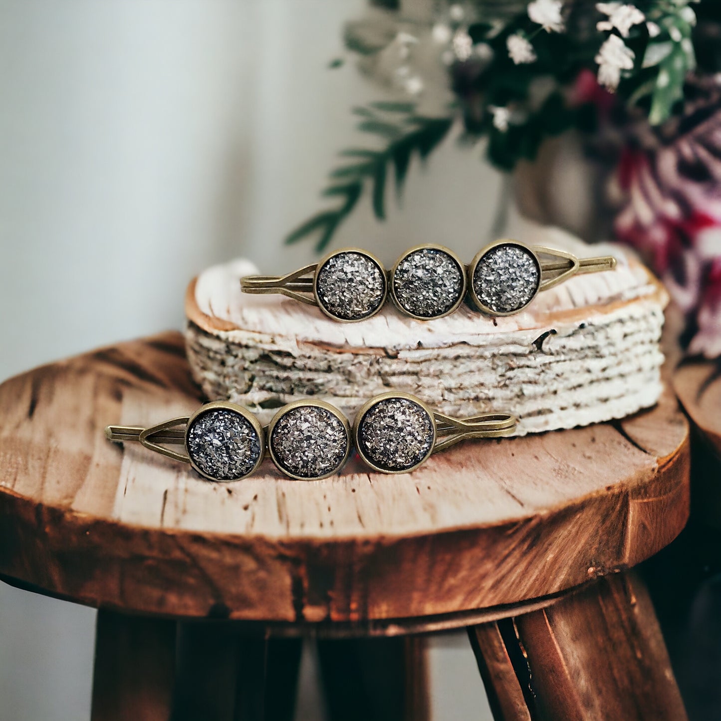 Slate Gray Metallic Druzy Hair Pins- Stylish & Elegant Hair Accessory