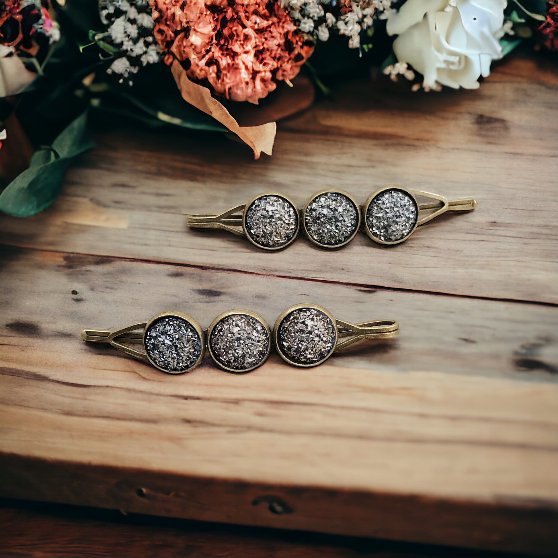 Slate Gray Metallic Druzy Hair Pins- Stylish & Elegant Hair Accessory