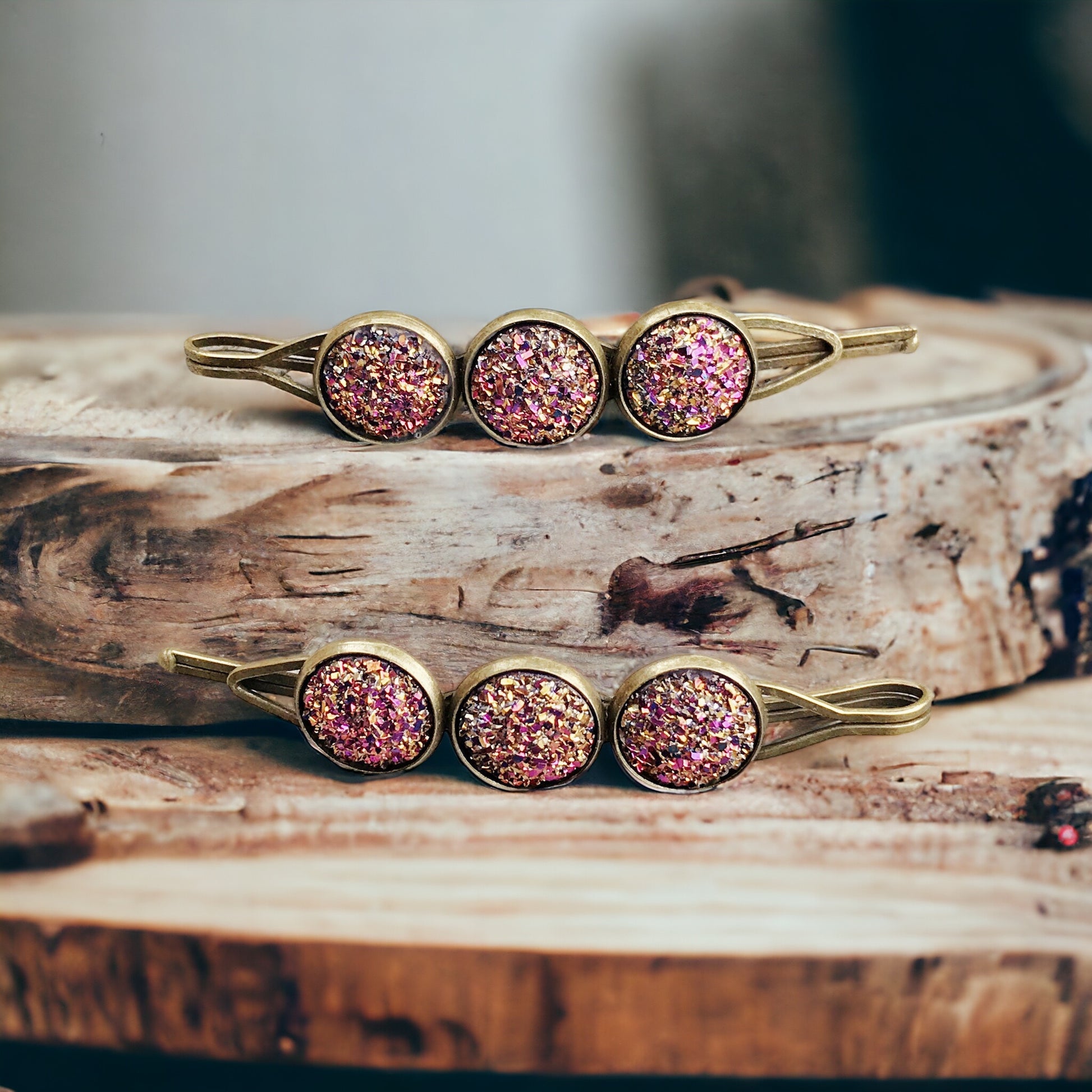 Pink Metallic Glitter Druzy Hair Pins - Sparkling & Glamorous Hair Accessories