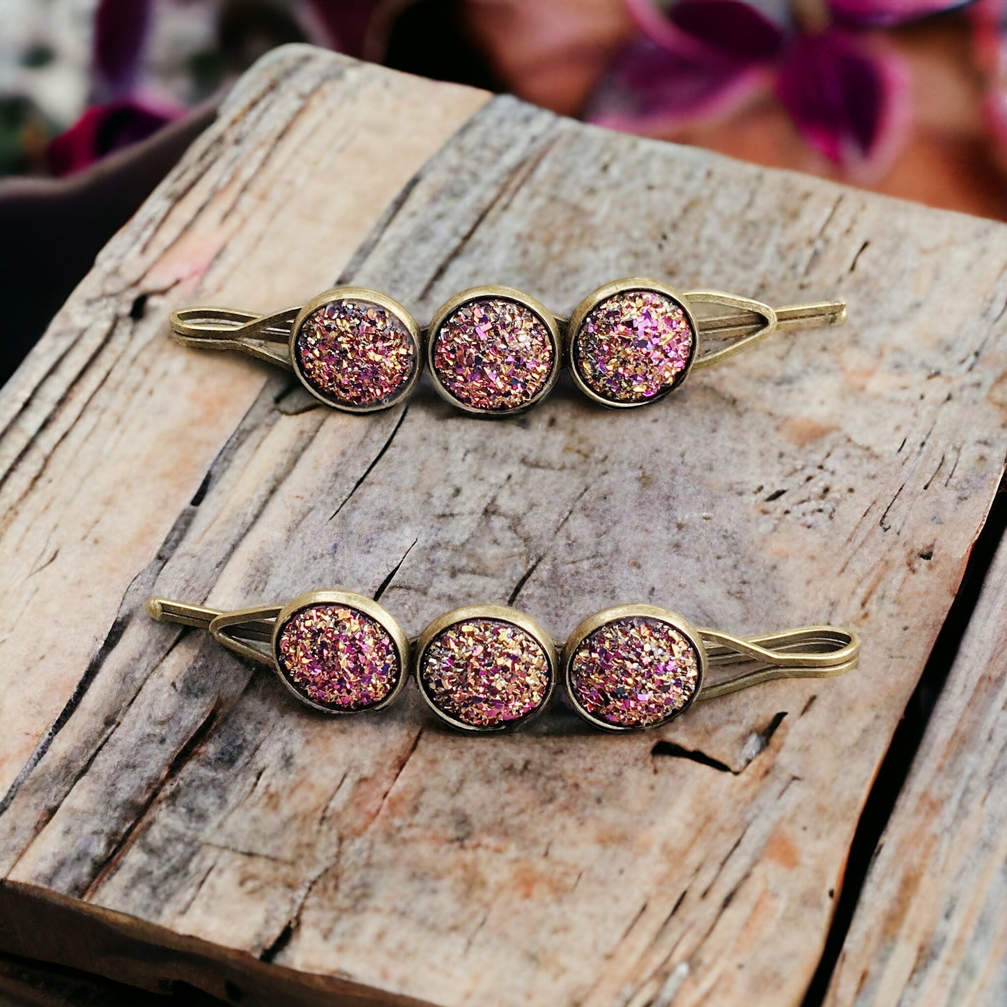 Pink Metallic Glitter Druzy Hair Pins - Sparkling & Glamorous Hair Accessories