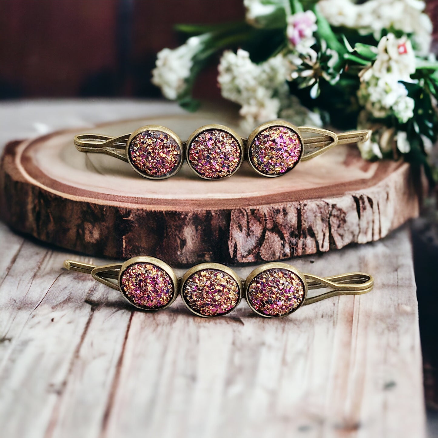 Pink Metallic Glitter Druzy Hair Pins - Sparkling & Glamorous Hair Accessories