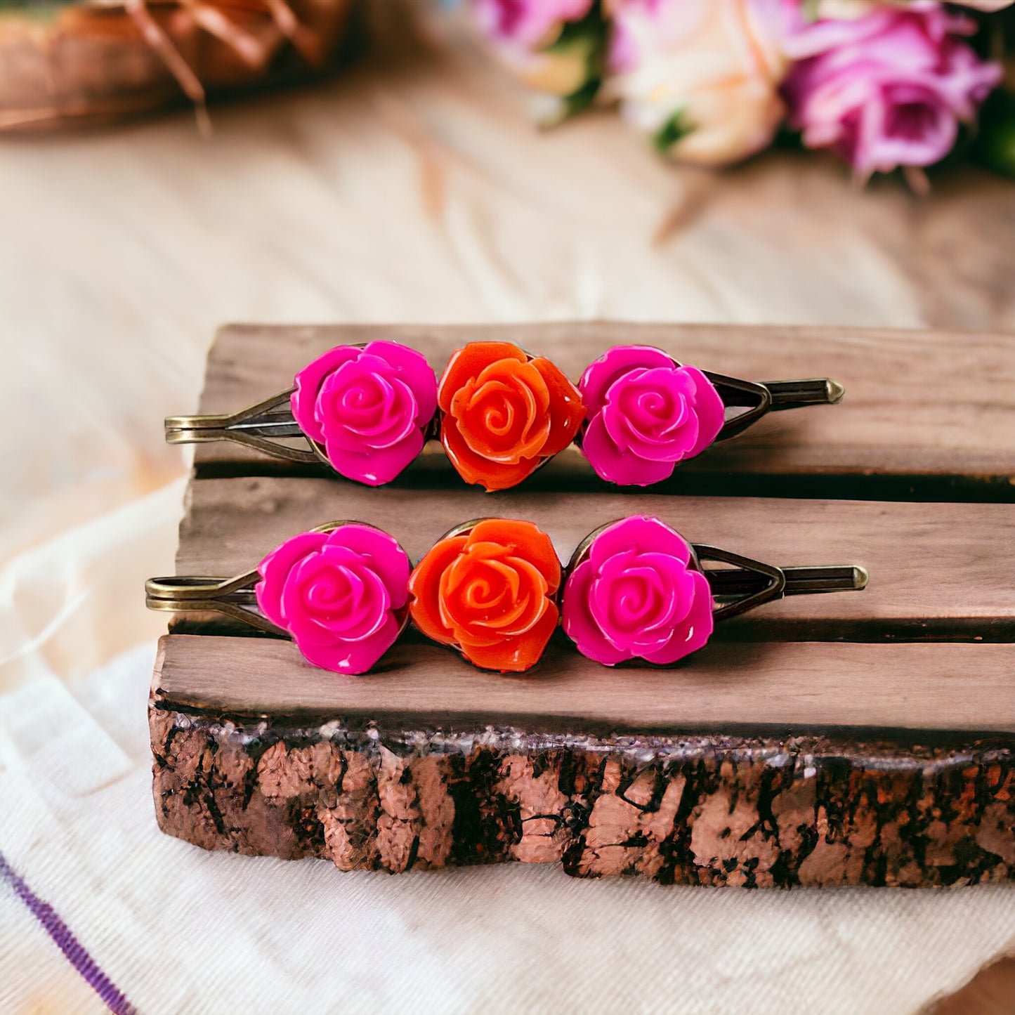 Pink & Orange Rose Flower Hair Pin Set: Vibrant Floral Accents