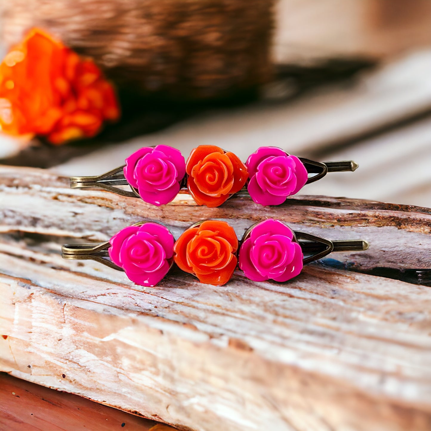 Pink & Orange Rose Flower Hair Pin Set: Vibrant Floral Accents