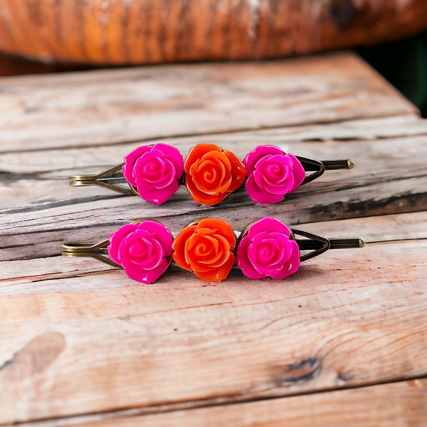 Pink & Orange Rose Flower Hair Pin Set: Vibrant Floral Accents