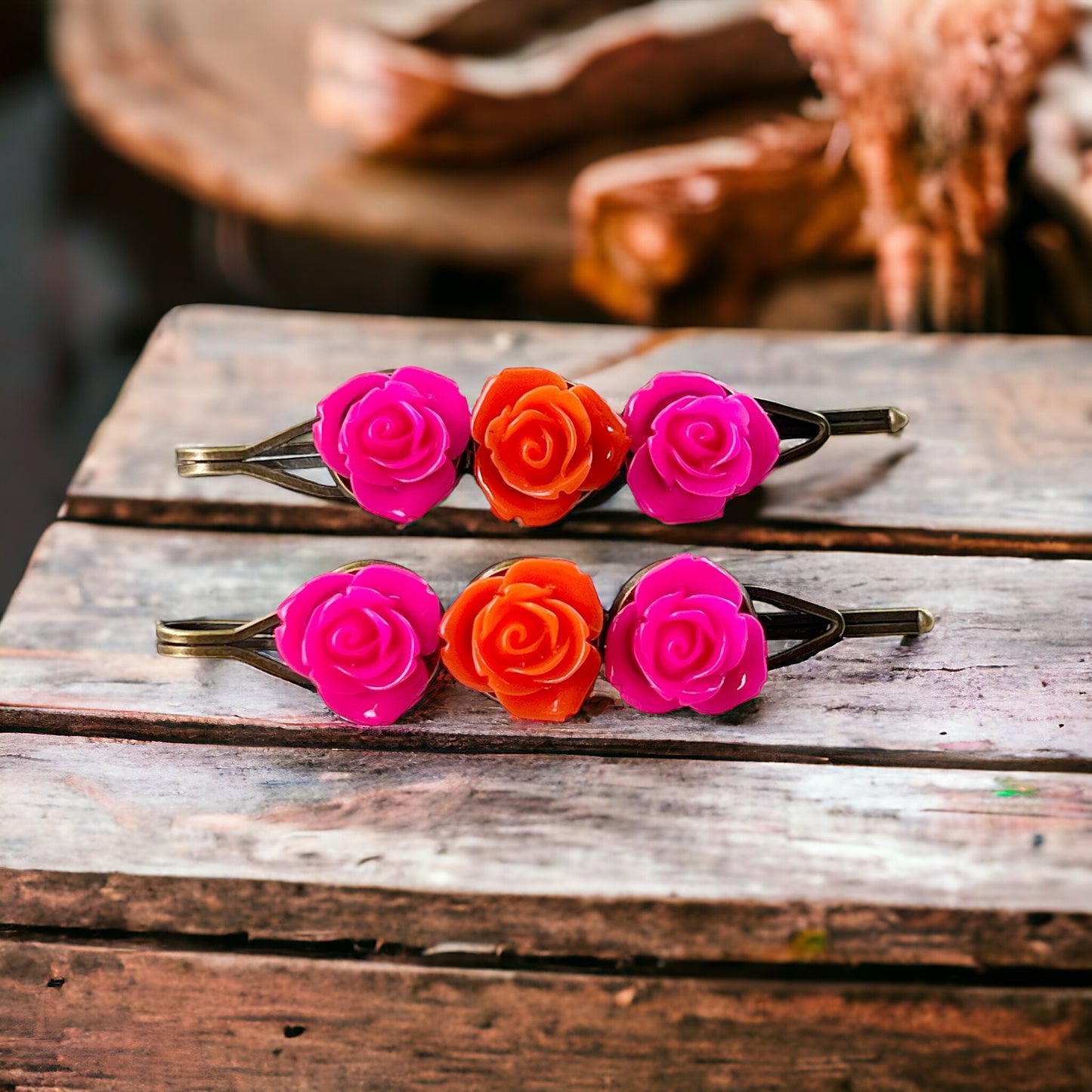 Pink & Orange Rose Flower Hair Pin Set: Vibrant Floral Accents