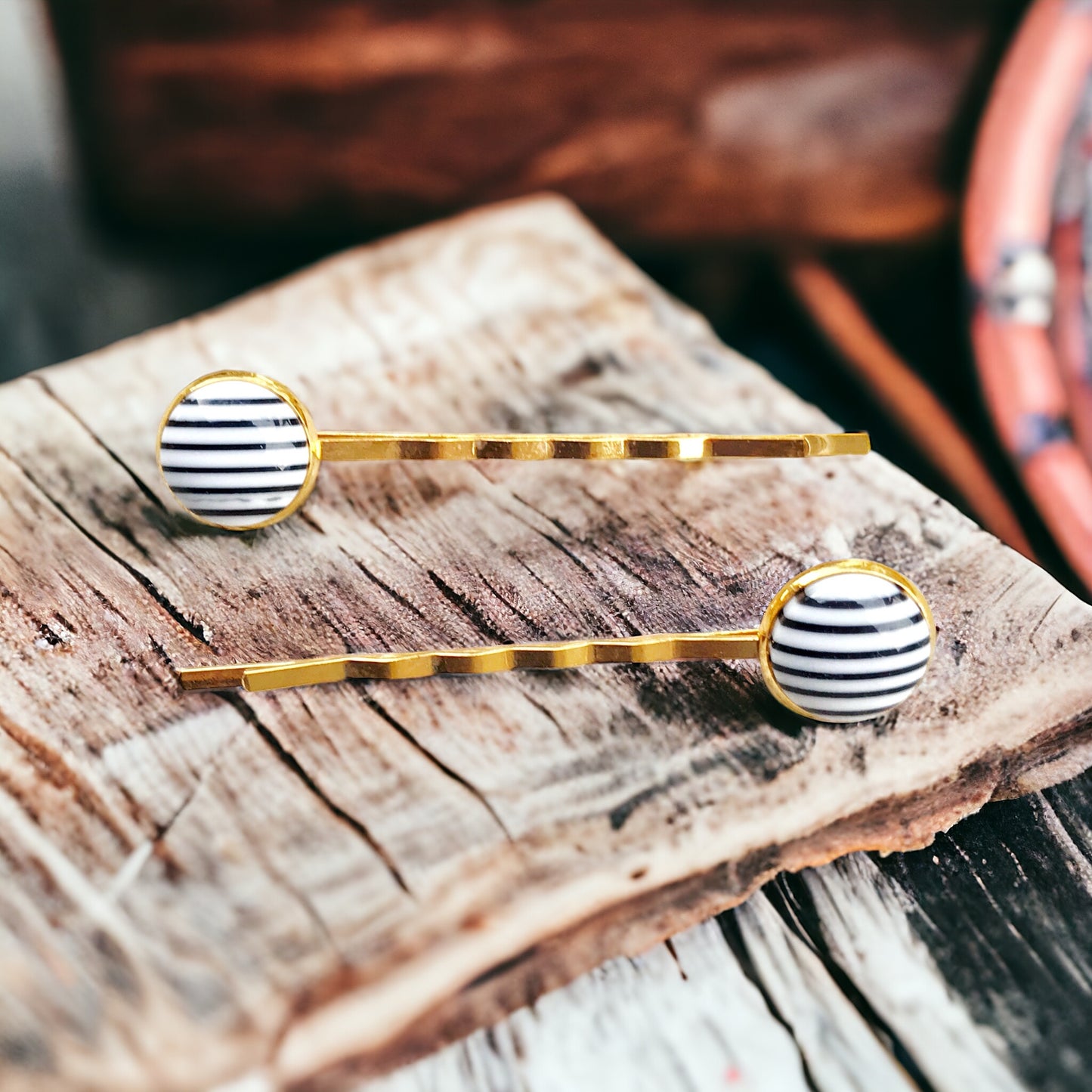 Black & White Striped Decorative Bobby Pins - Chic Hair Accessories