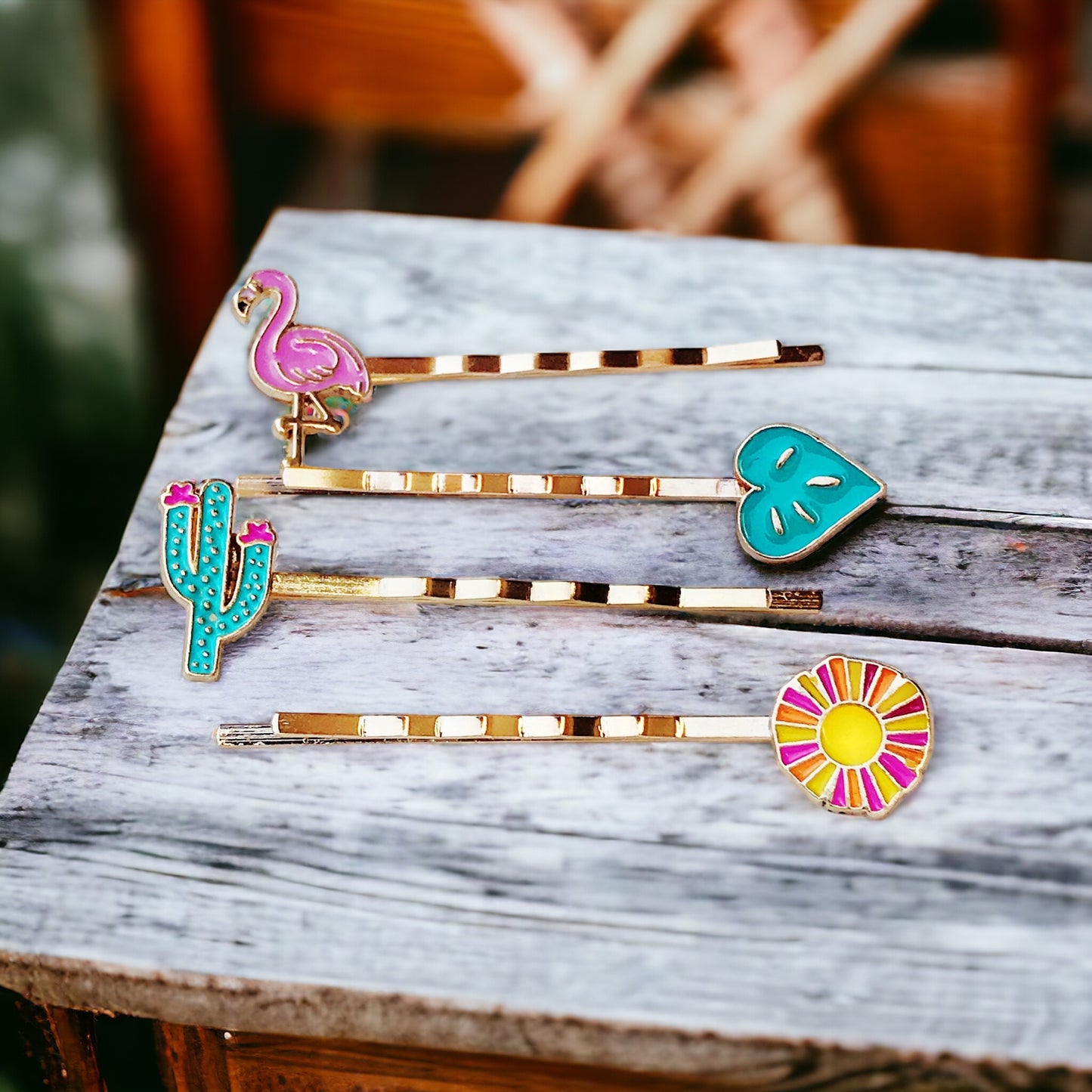 Cactus, Flamingo, Monstera Leaf, & Sunflower Hair Pins Set of 4 - Tropical-Inspired Accessories for Fun Hairstyles