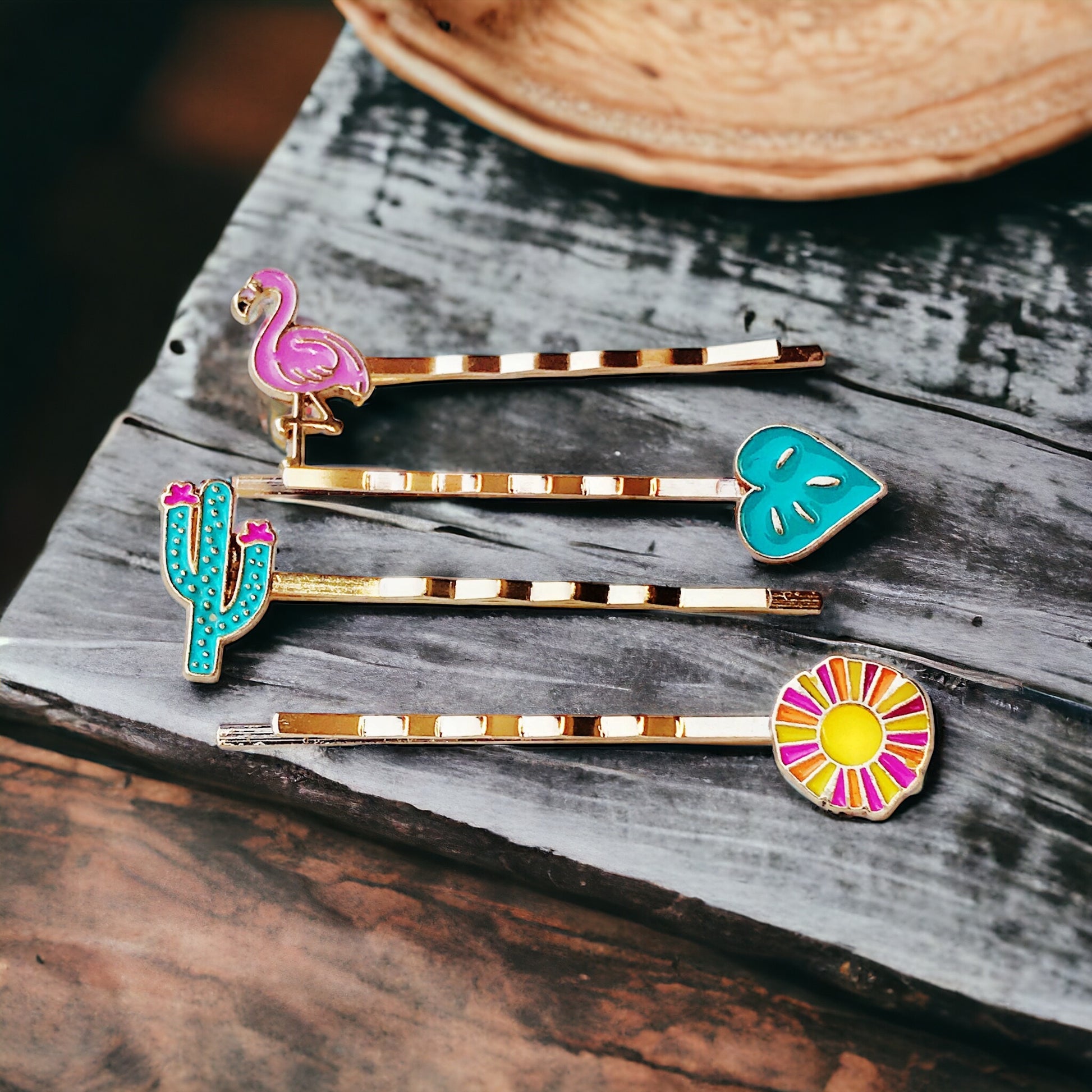 Cactus, Flamingo, Monstera Leaf, & Sunflower Hair Pins Set of 4 - Tropical-Inspired Accessories for Fun Hairstyles