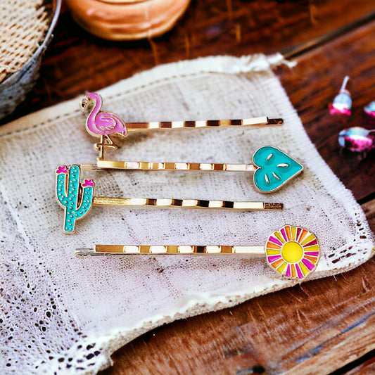 Cactus, Flamingo, Monstera Leaf, & Sunflower Hair Pins Set of 4 - Tropical-Inspired Accessories for Fun Hairstyles